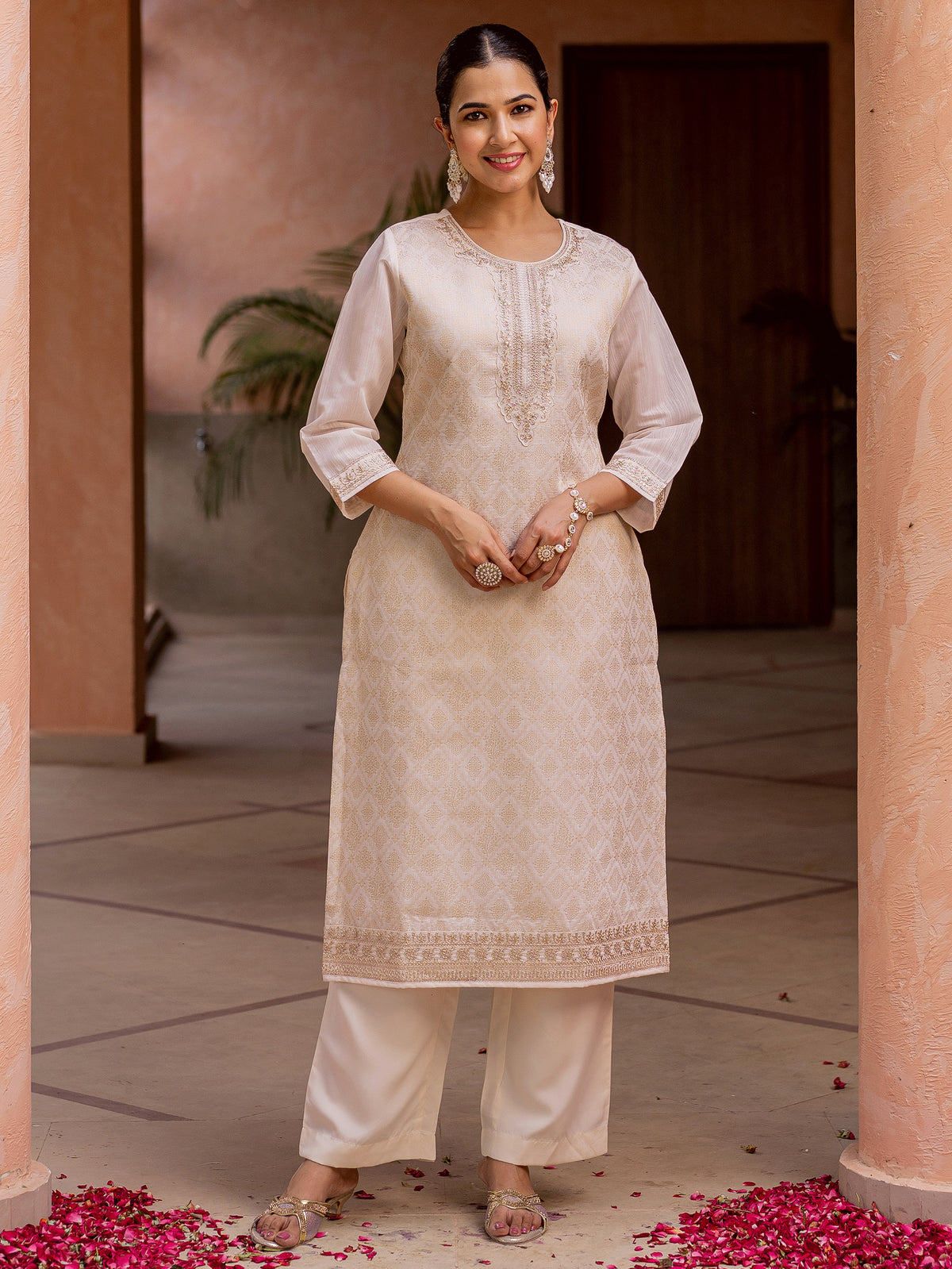 Embroidered Brocade Solid Straight Beige Kurta