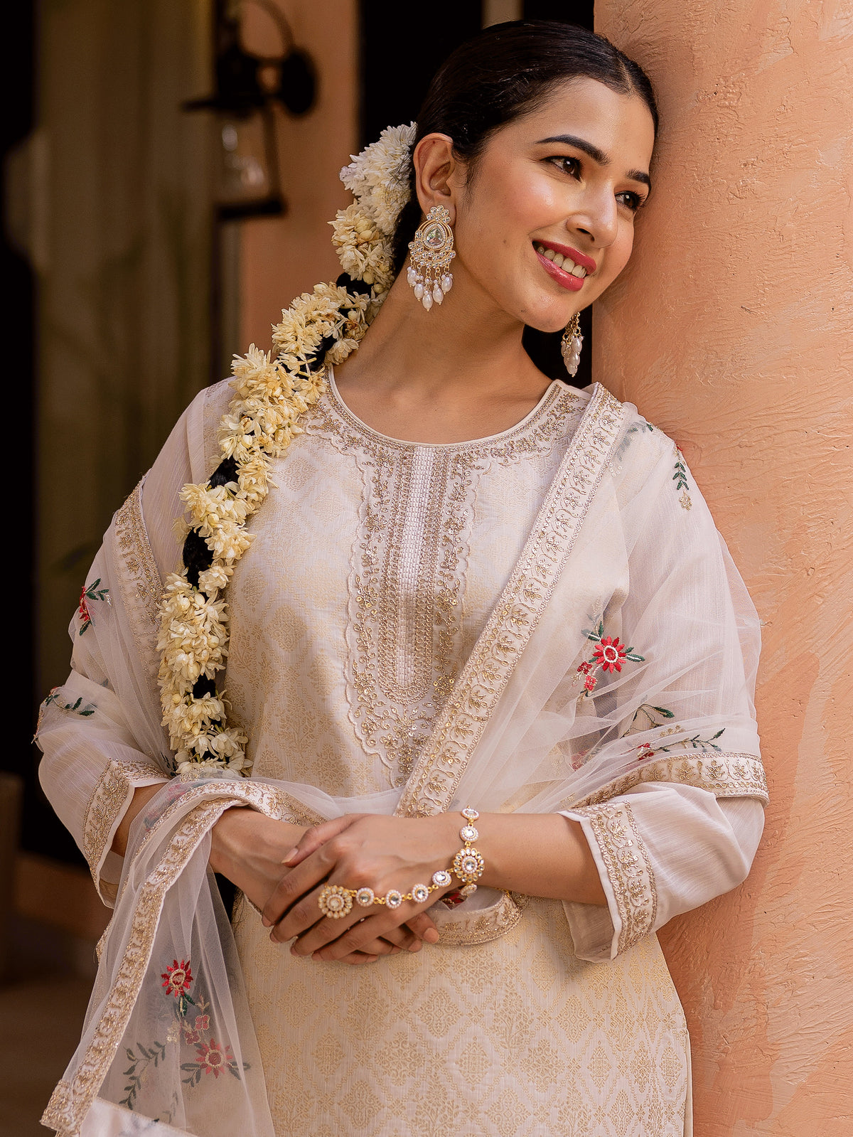 Embroidered Brocade Solid Straight Beige Kurta