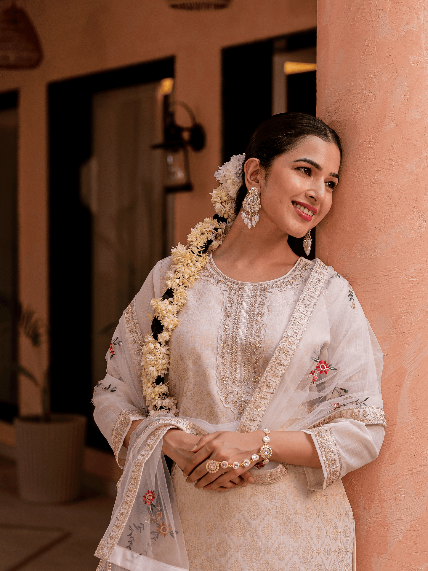 Embroidered Brocade Solid Straight Beige Kurta