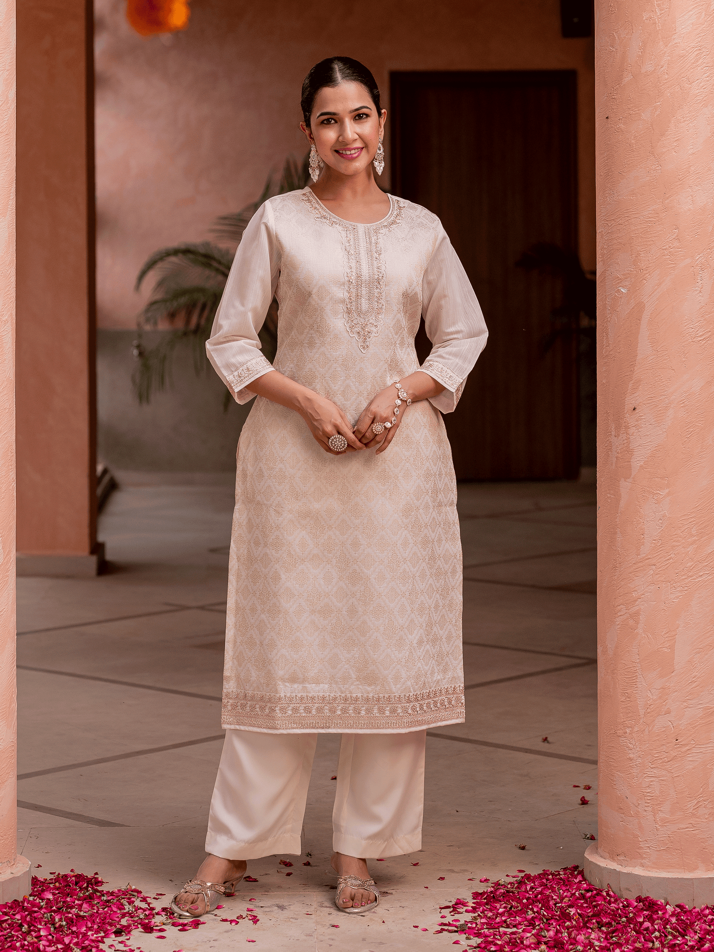 Embroidered Brocade Solid Straight Beige Kurta