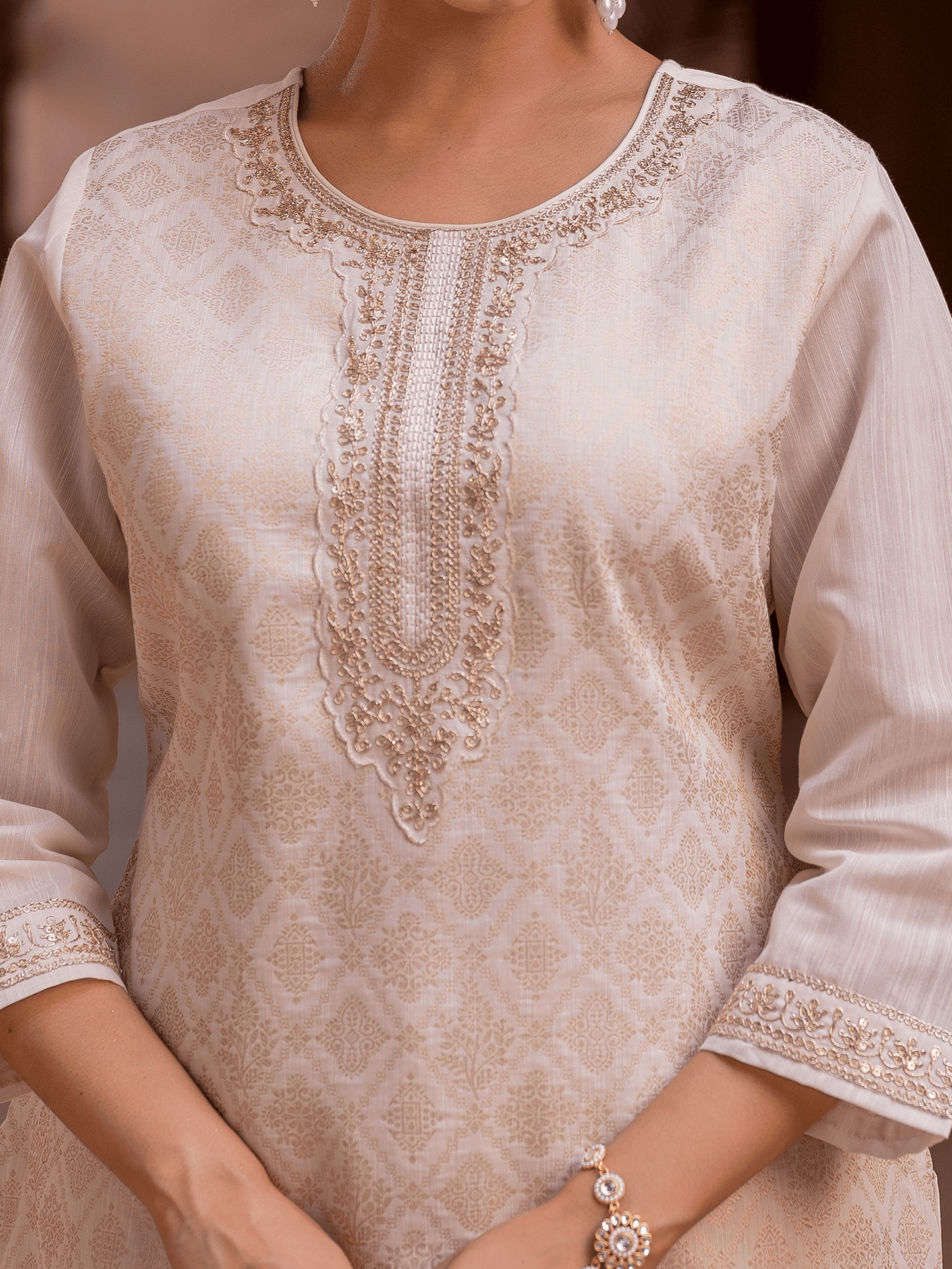 Embroidered Brocade Solid Straight Beige Kurta