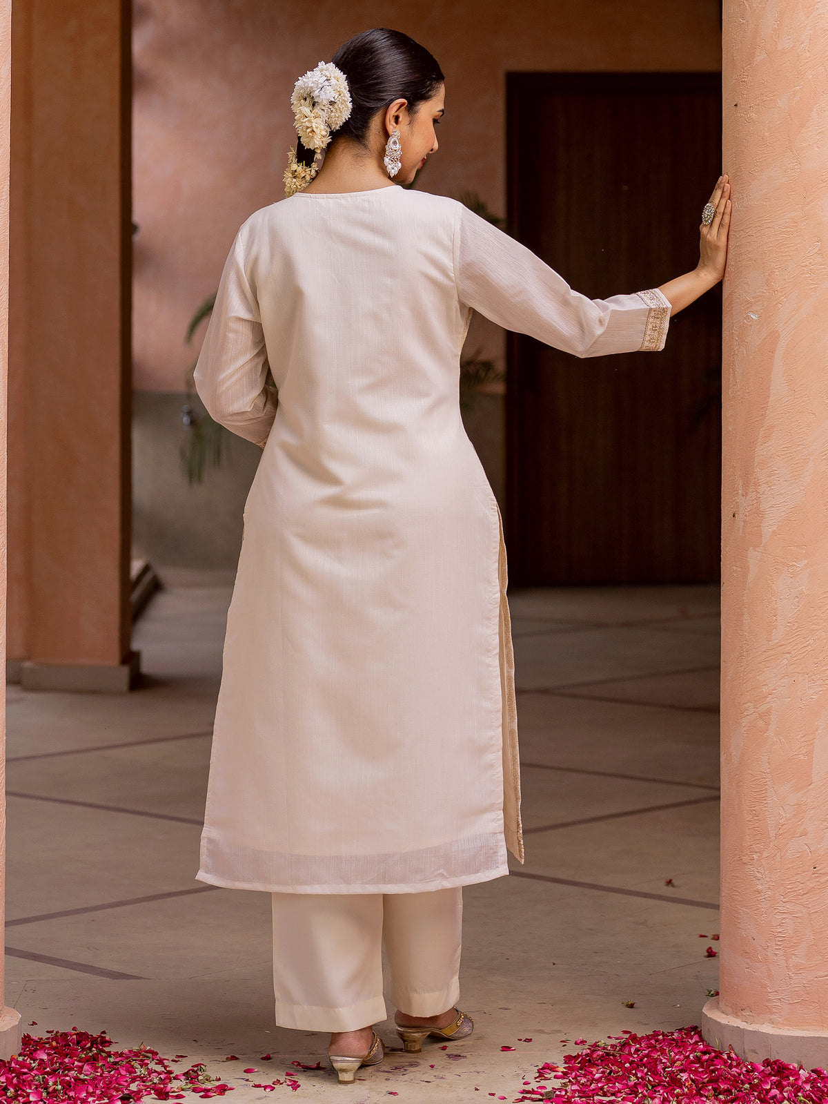 Embroidered Brocade Solid Straight Beige Kurta