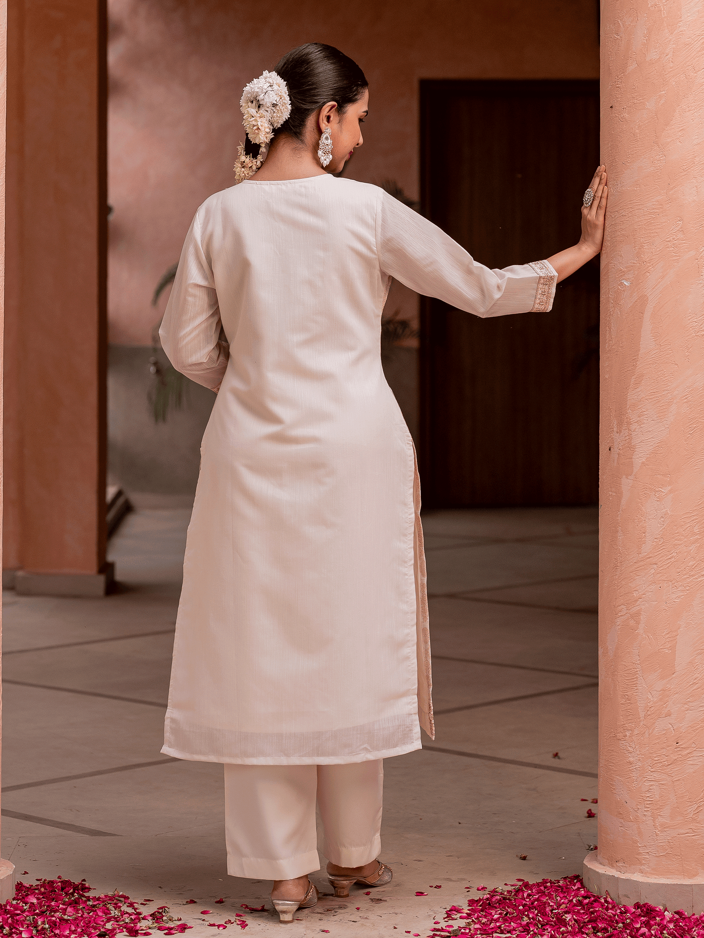 Embroidered Brocade Solid Straight Beige Kurta