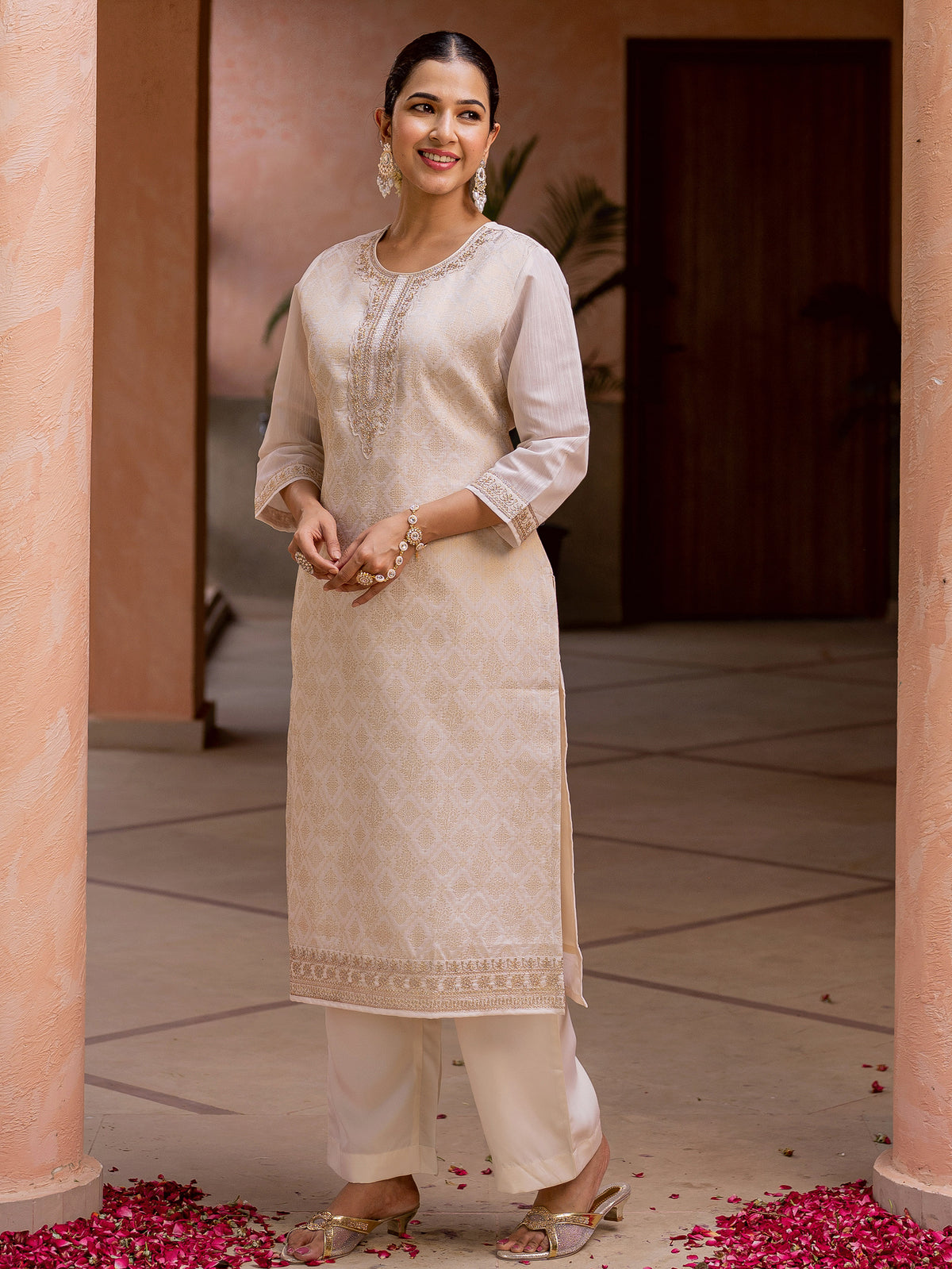 Embroidered Brocade Solid Straight Beige Kurta