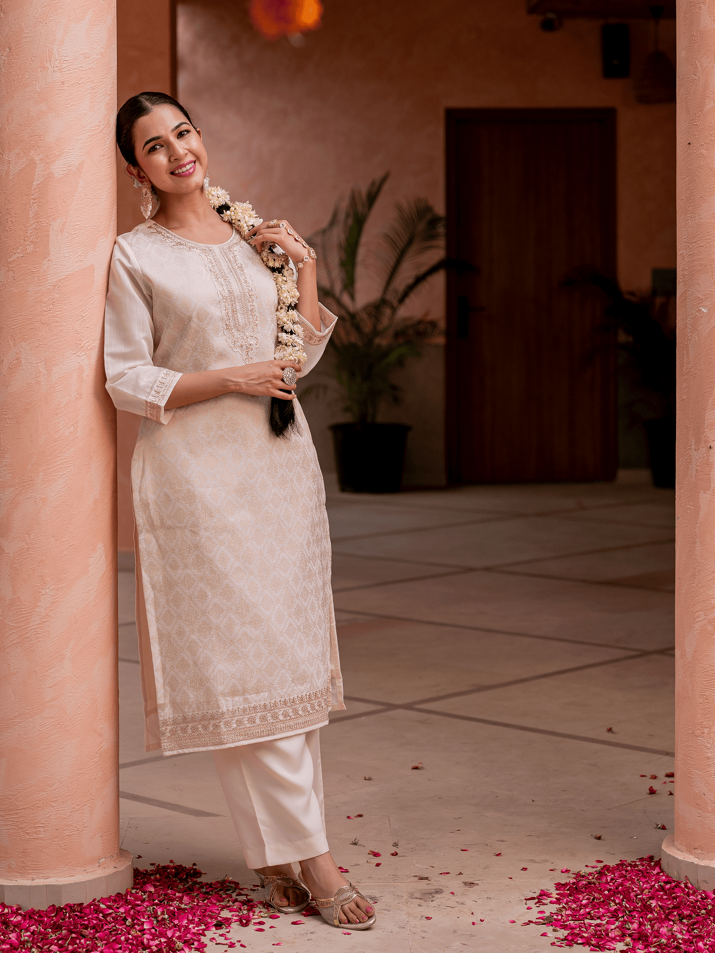 Embroidered Brocade Solid Straight Beige Kurta