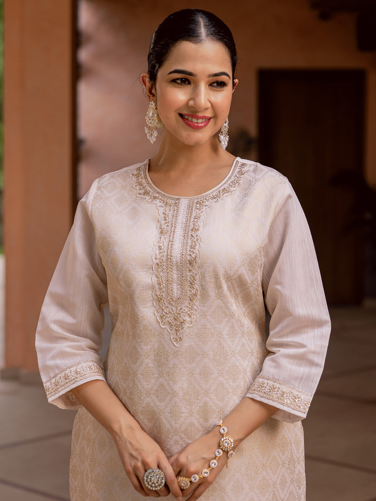 Embroidered Brocade Solid Straight Beige Kurta