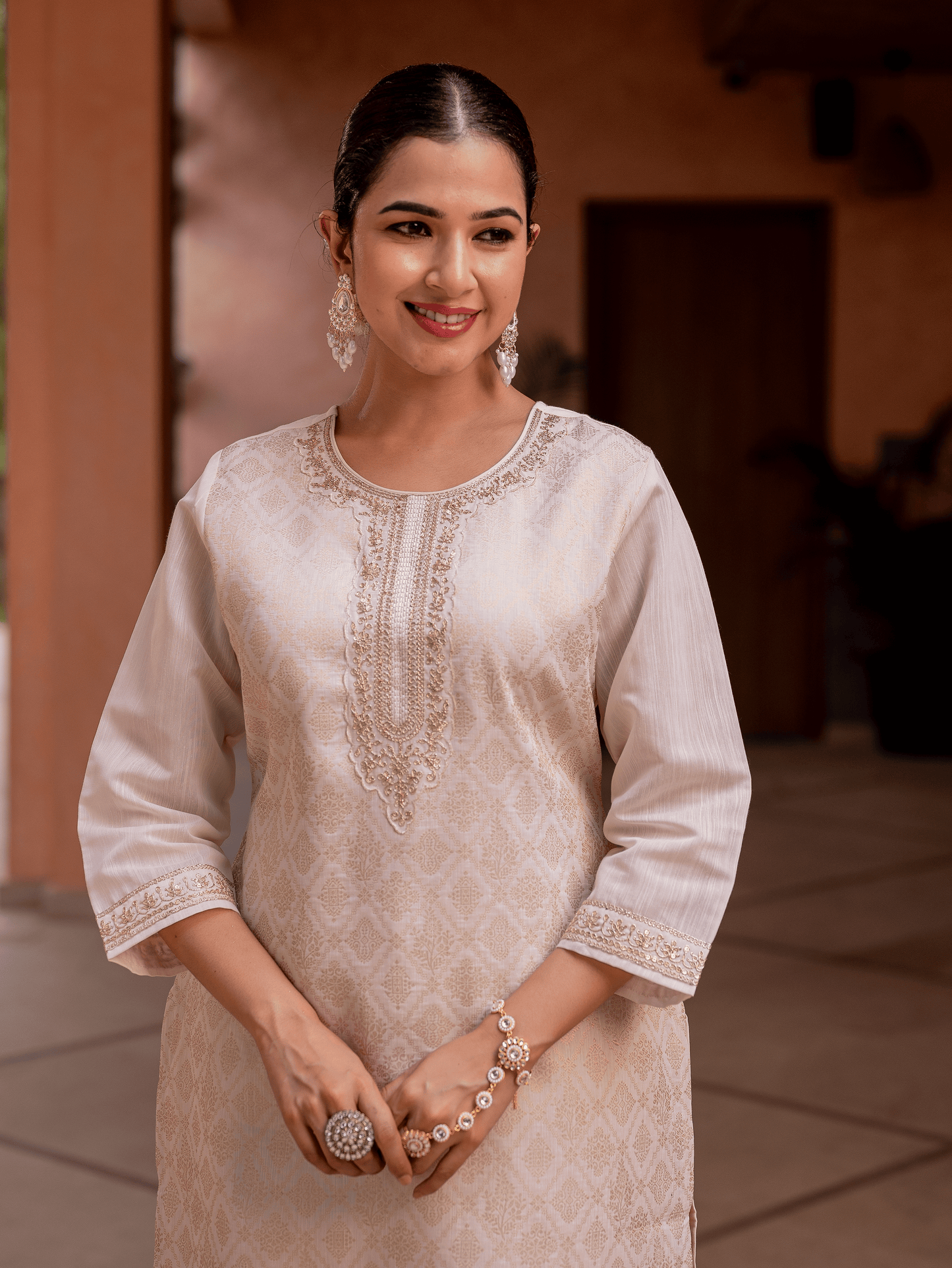 Embroidered Brocade Solid Straight Beige Kurta