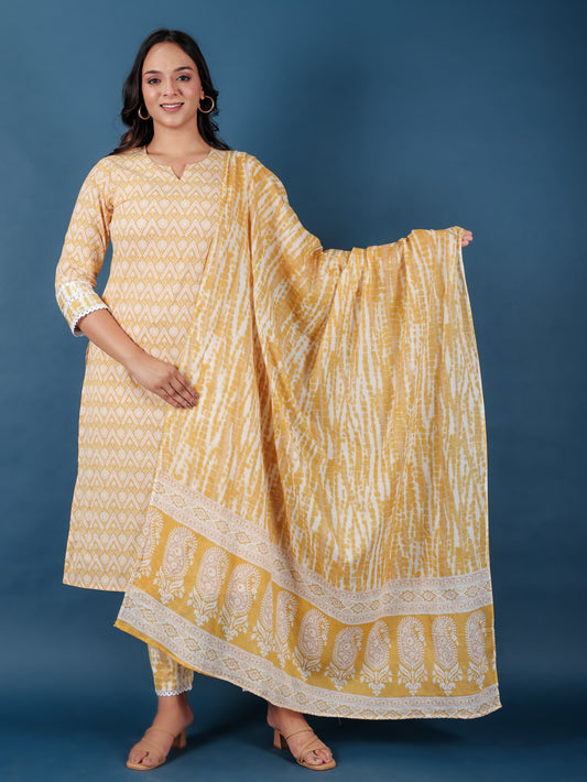 Soft Cotton Geometric Straight Yellow Kurta