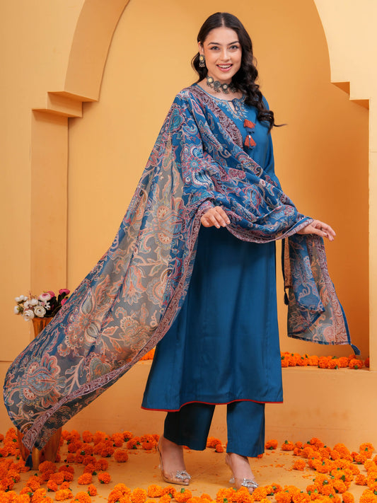 Chanderi Floral Blue Dupatta
