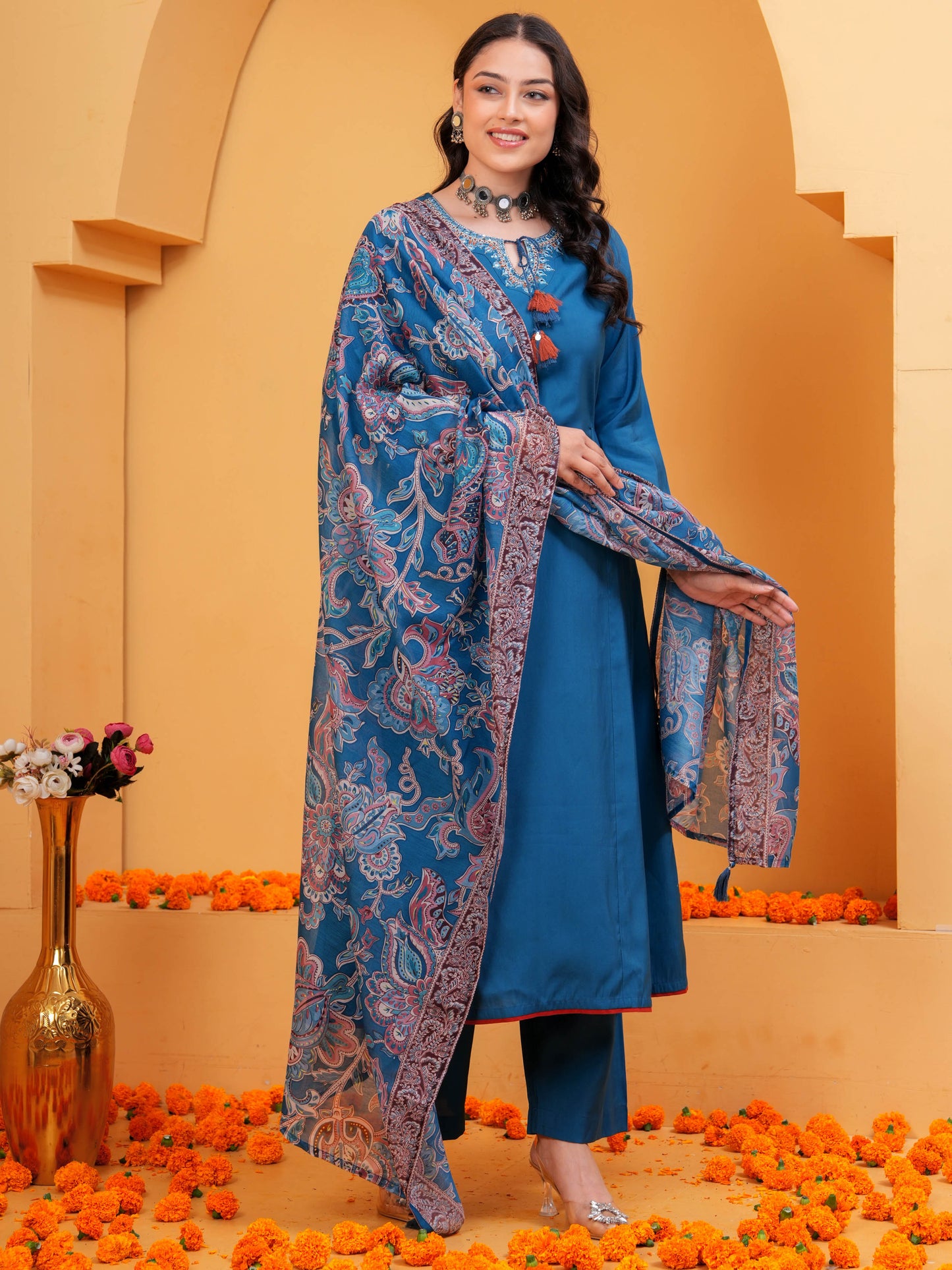Embroidered Chanderi Solid Anarkali Blue Kurta