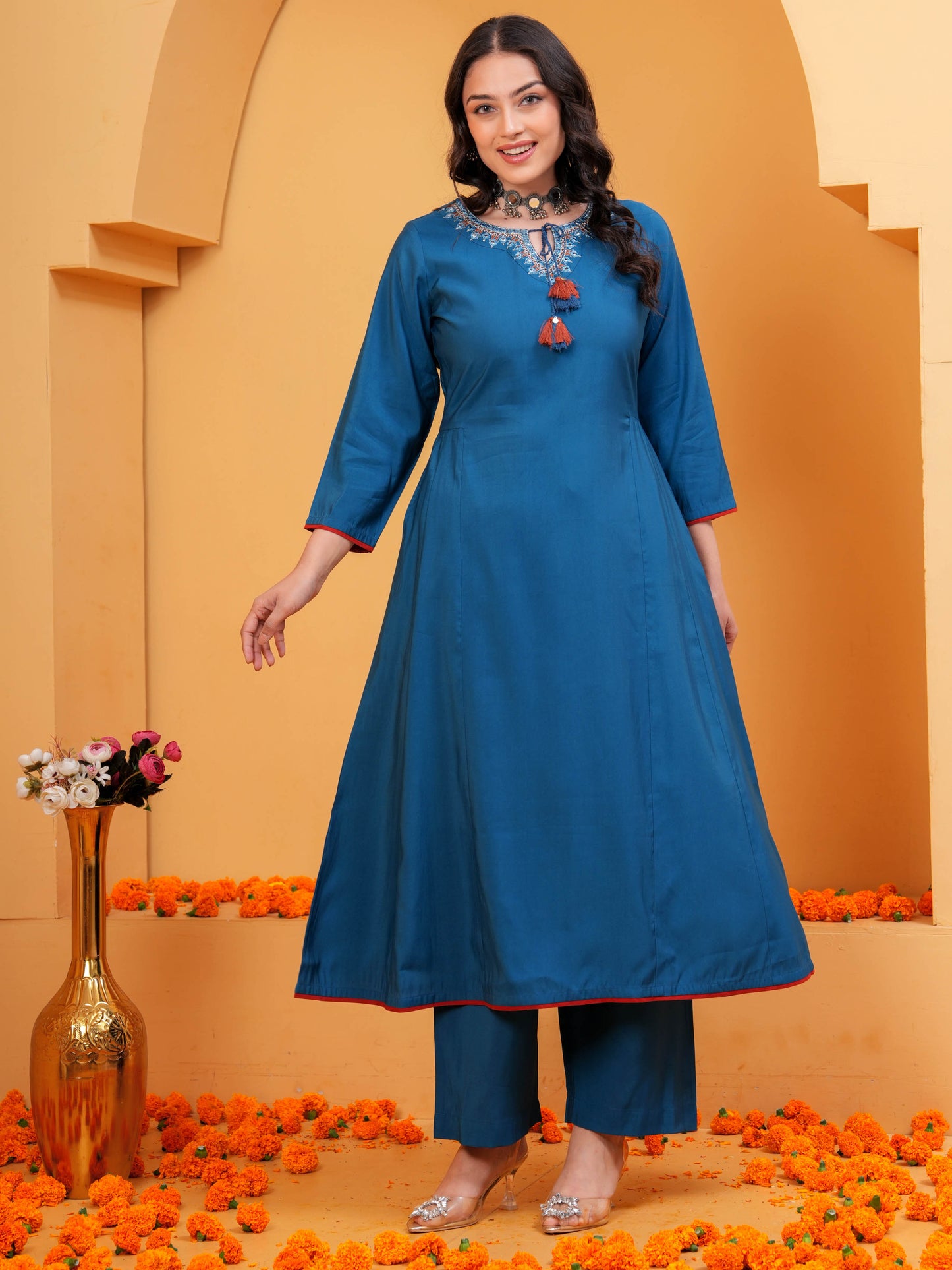 Embroidered Chanderi Solid Anarkali Blue Kurta