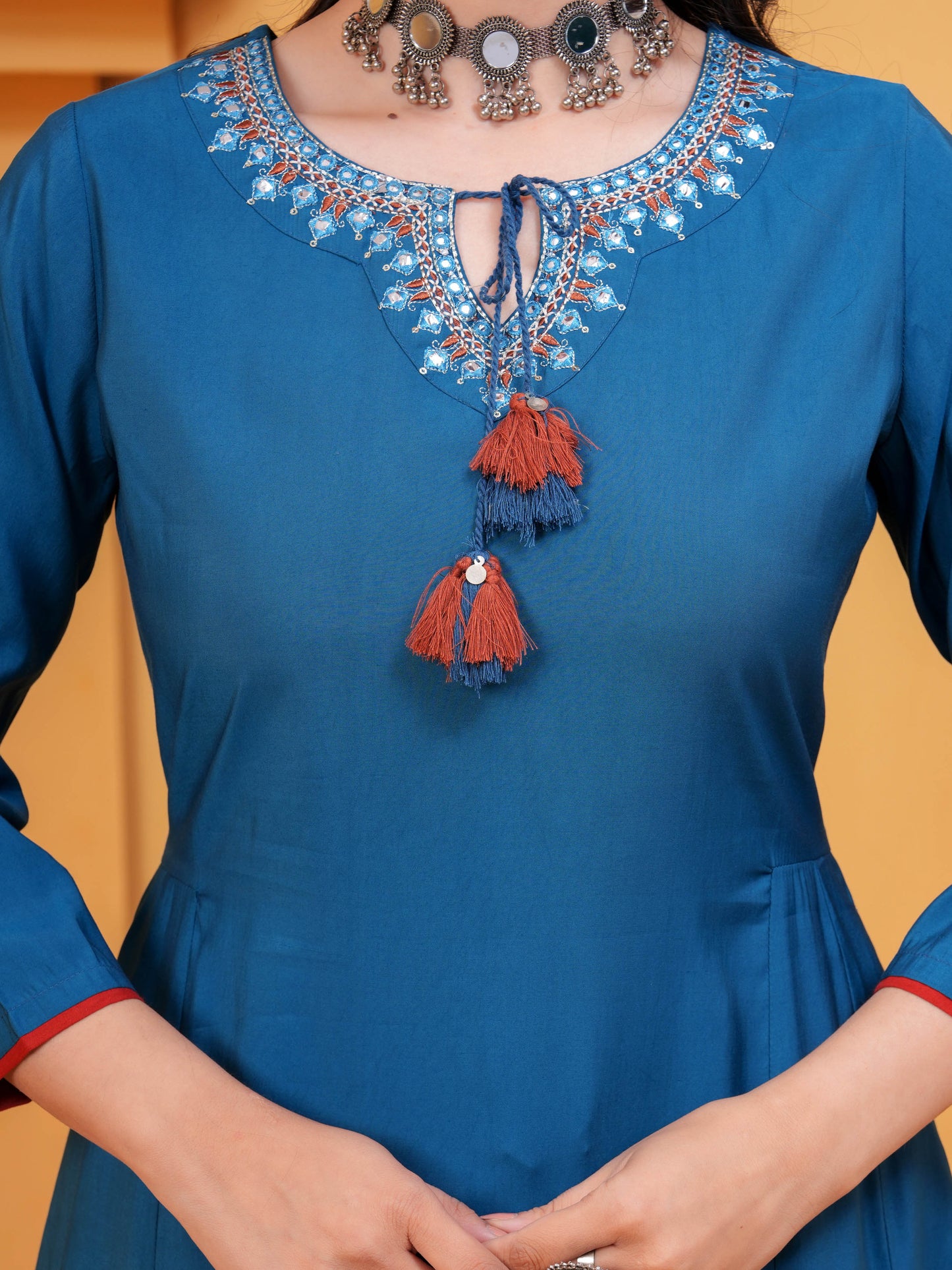 Embroidered Chanderi Solid Anarkali Blue Kurta