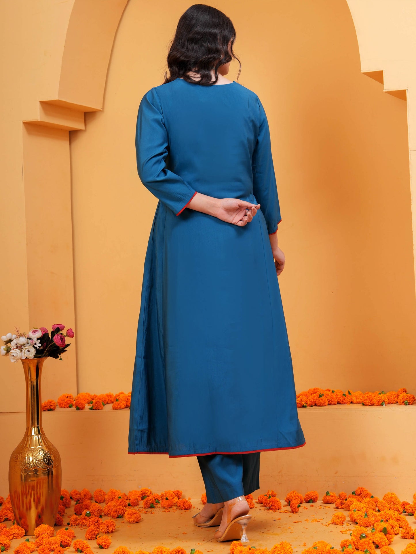 Embroidered Chanderi Solid Anarkali Blue Kurta