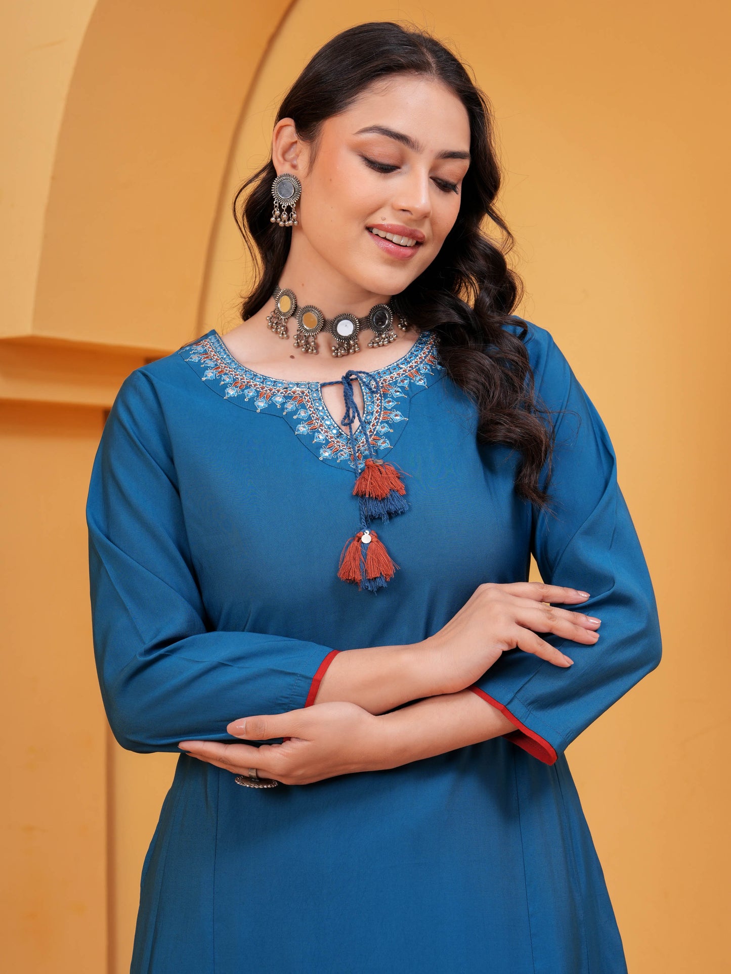 Embroidered Chanderi Solid Anarkali Blue Kurta