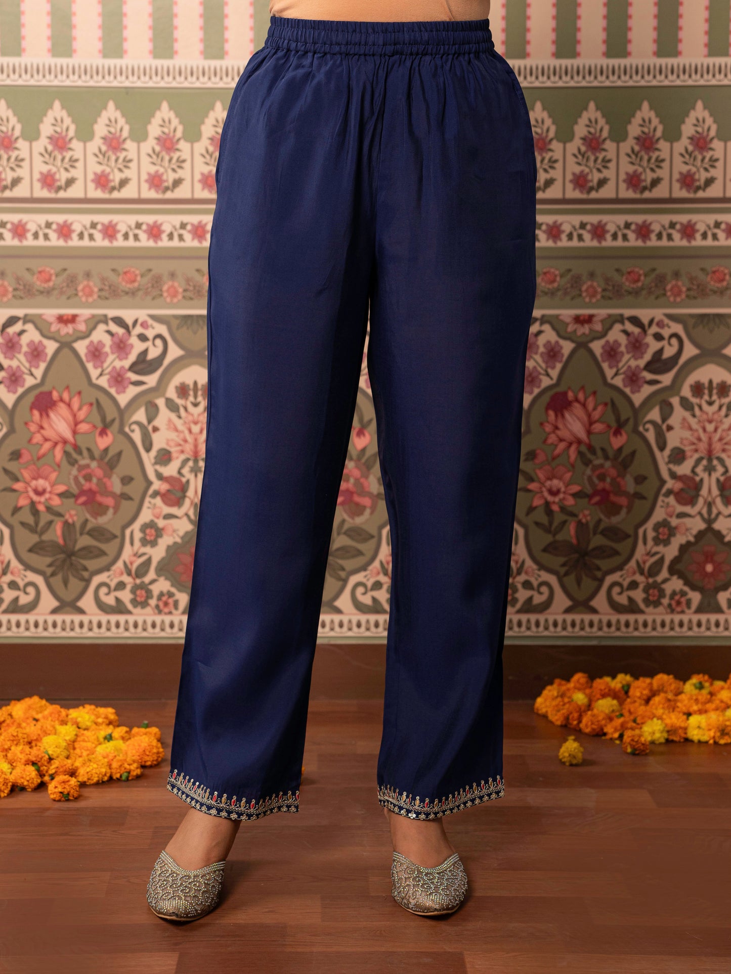 Embroidered Chanderi Solid Violet Straight Trousers