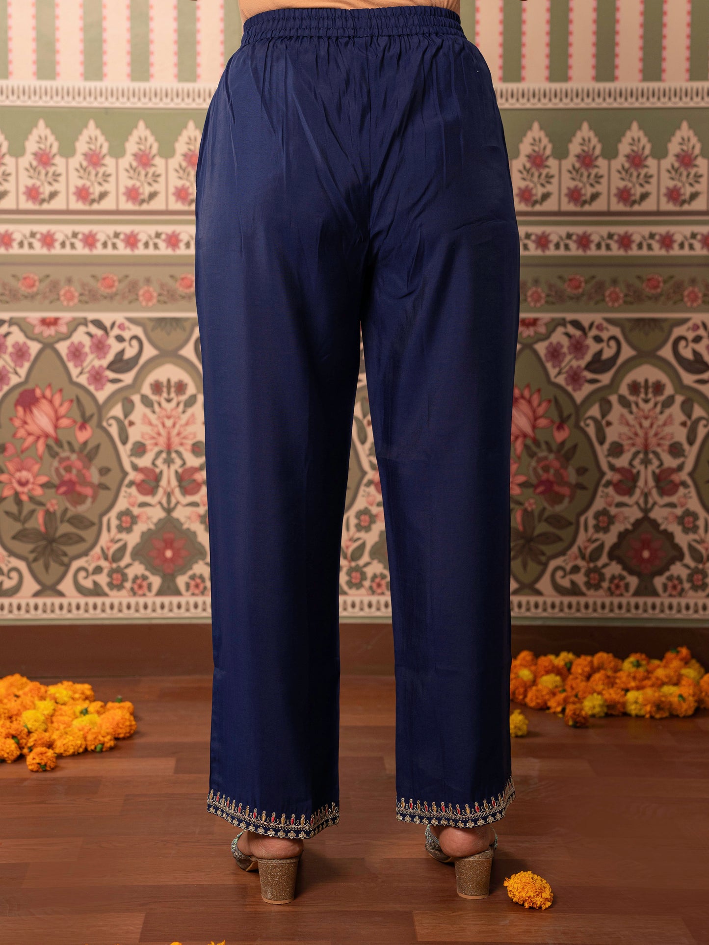 Embroidered Chanderi Solid Violet Straight Trousers