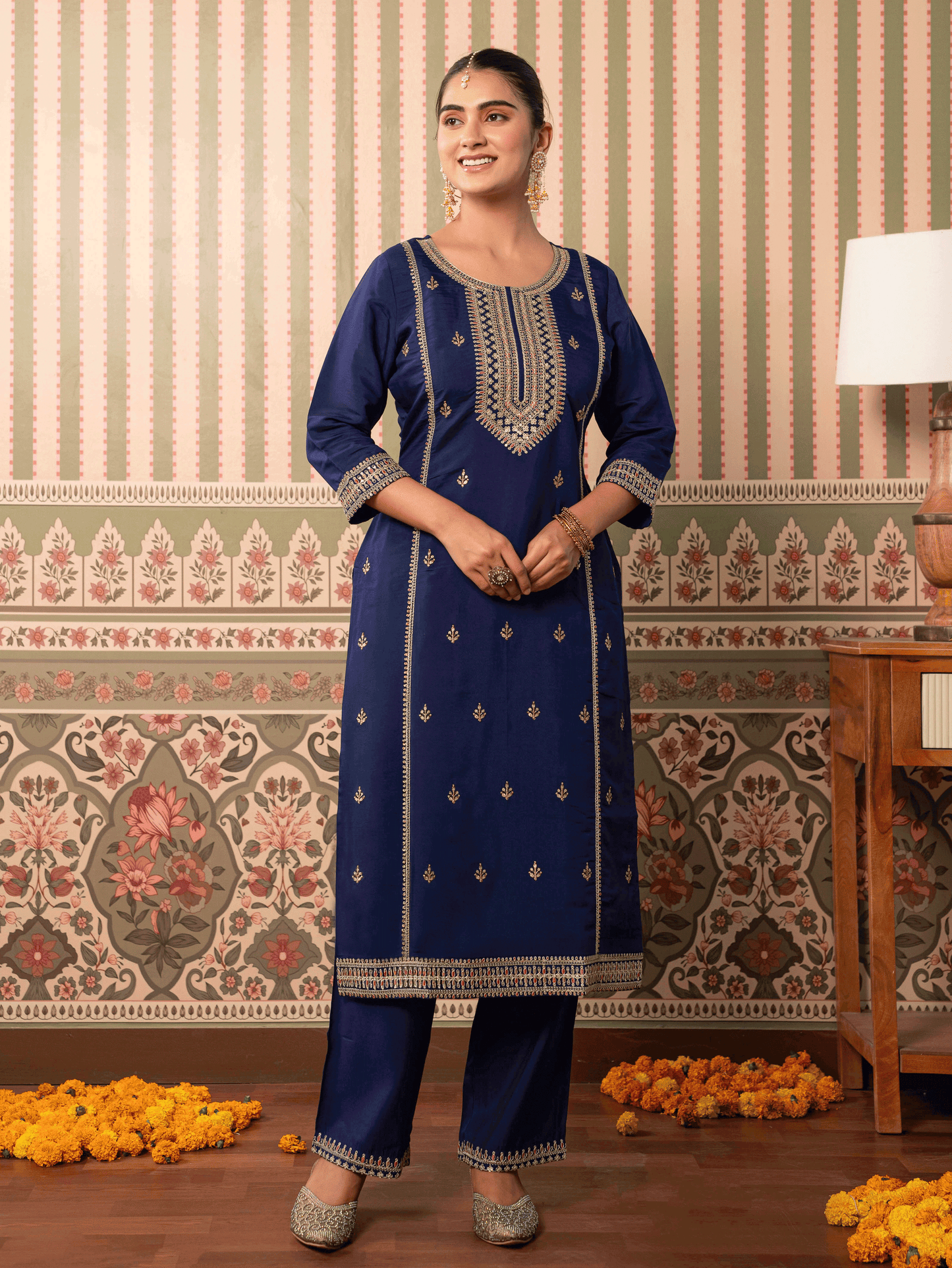 Embroidered Chanderi Solid Straight Violet Kurta