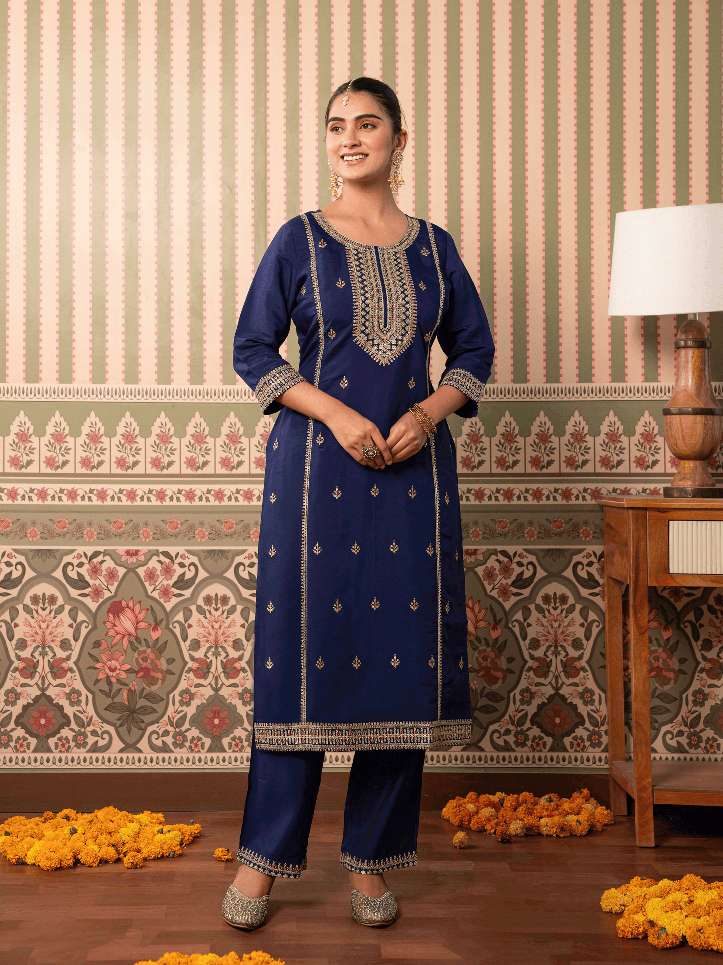 Embroidered Chanderi Solid Straight Violet Kurta