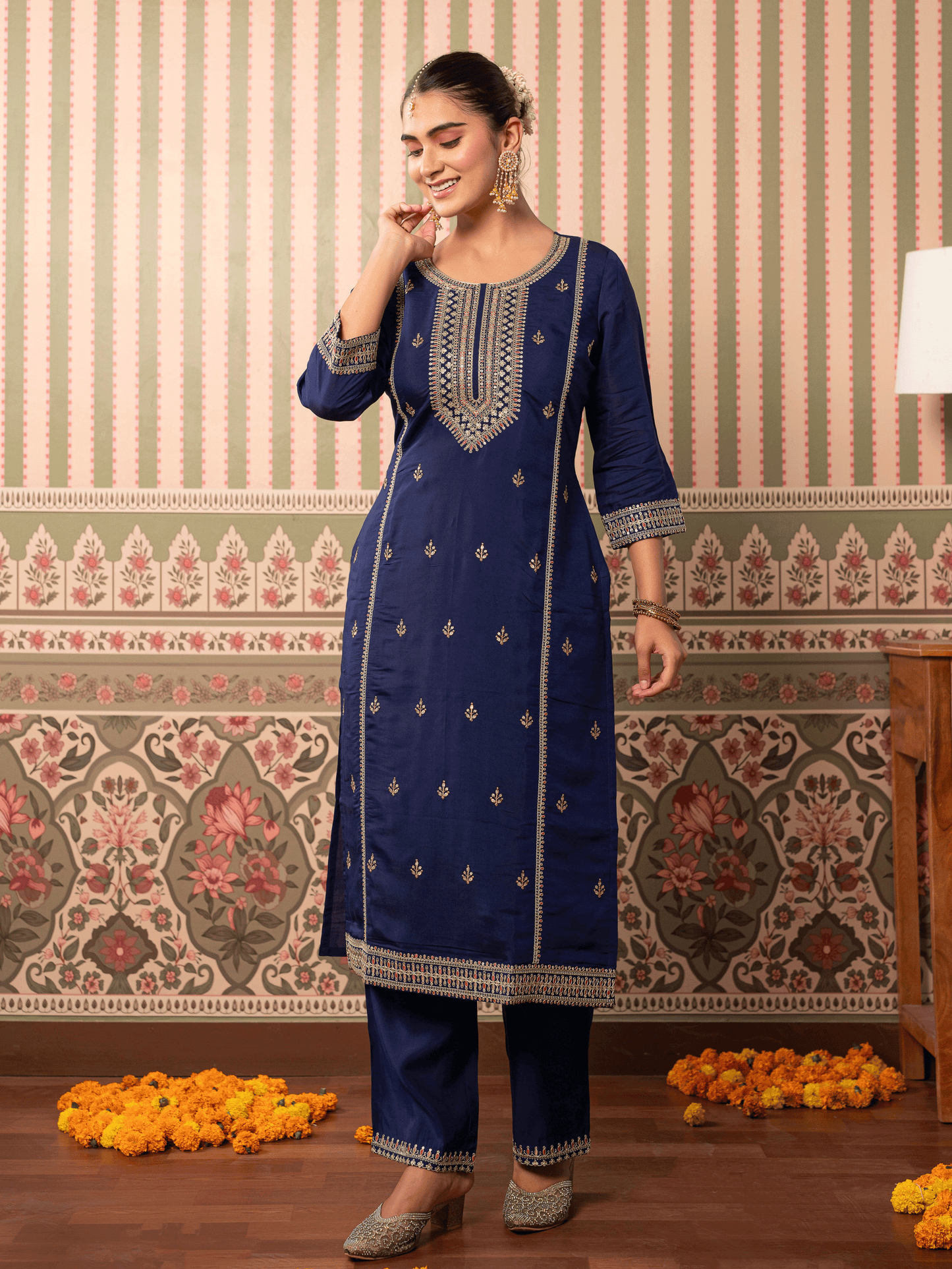 Embroidered Chanderi Solid Straight Violet Kurta