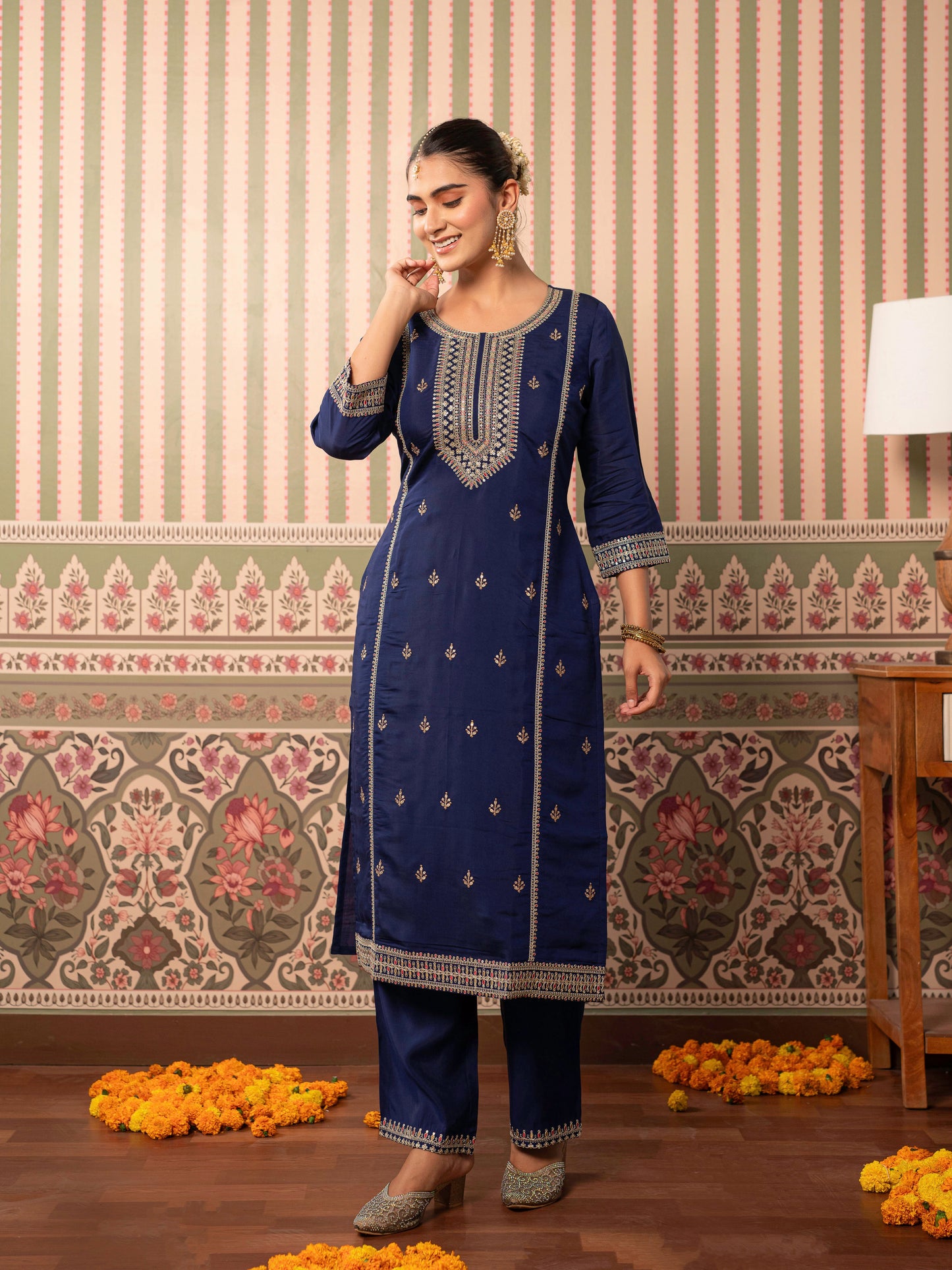 Embroidered Chanderi Solid Straight Violet Kurta