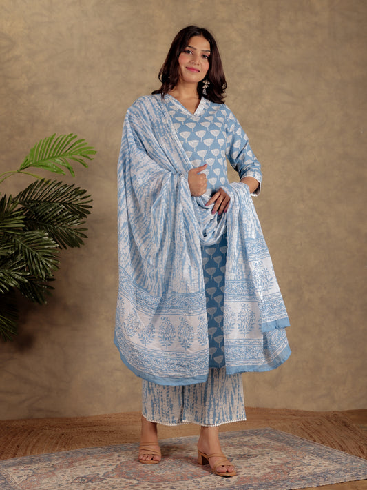 Soft Cotton Block Straight Blue Kurta