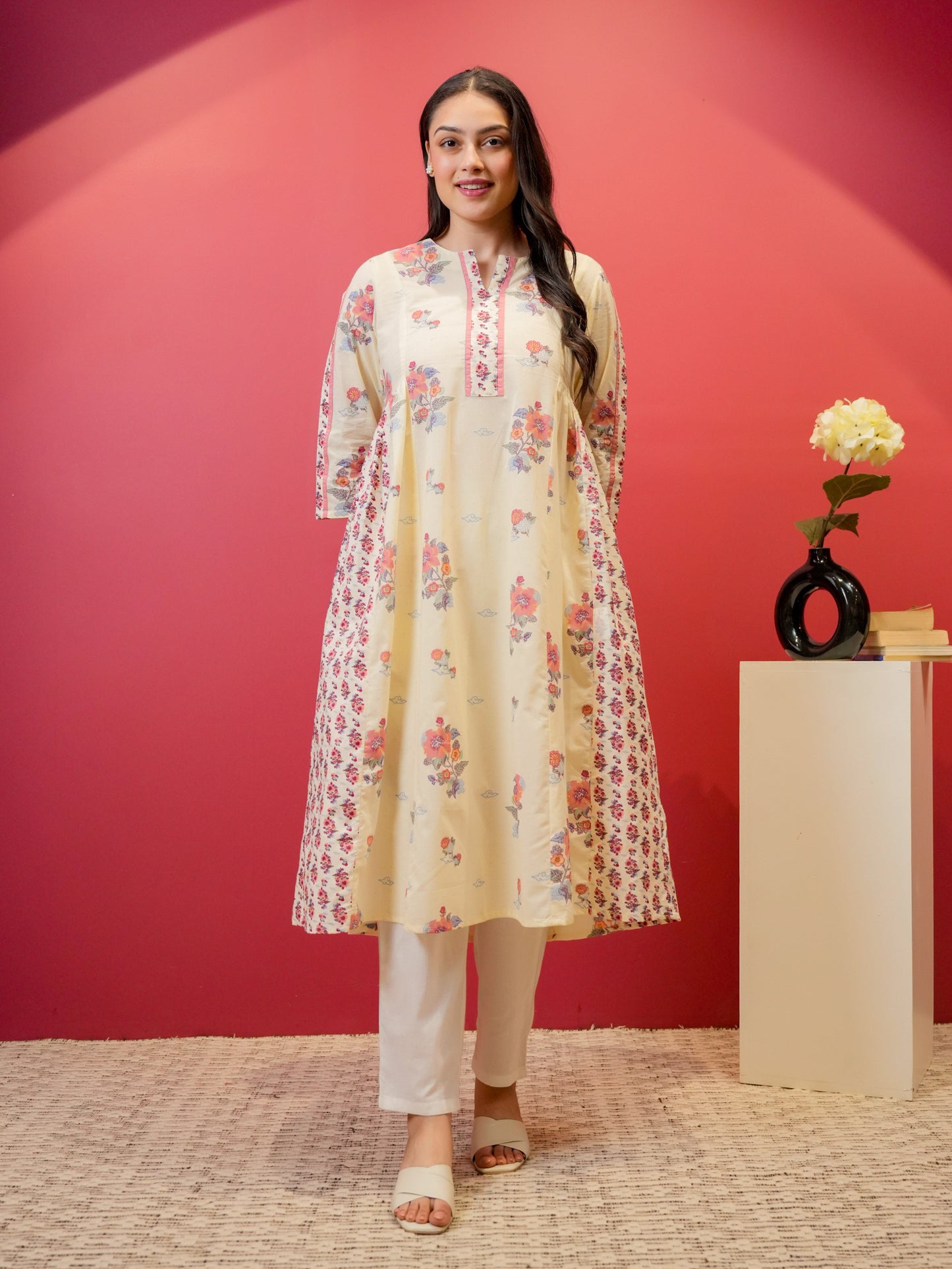 Soft Cotton Floral Flared Off White Kurta