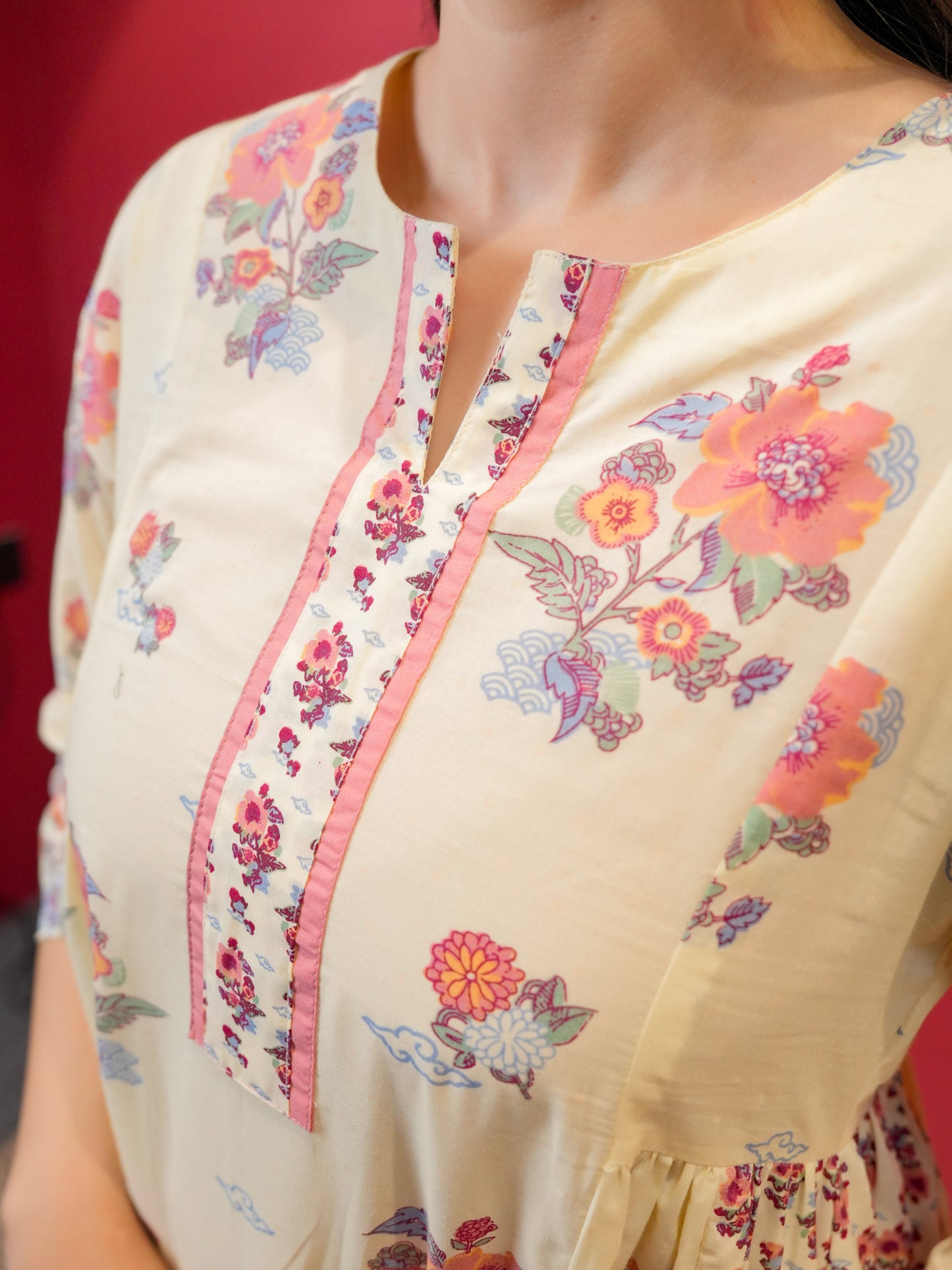 Soft Cotton Floral Flared Off White Kurta