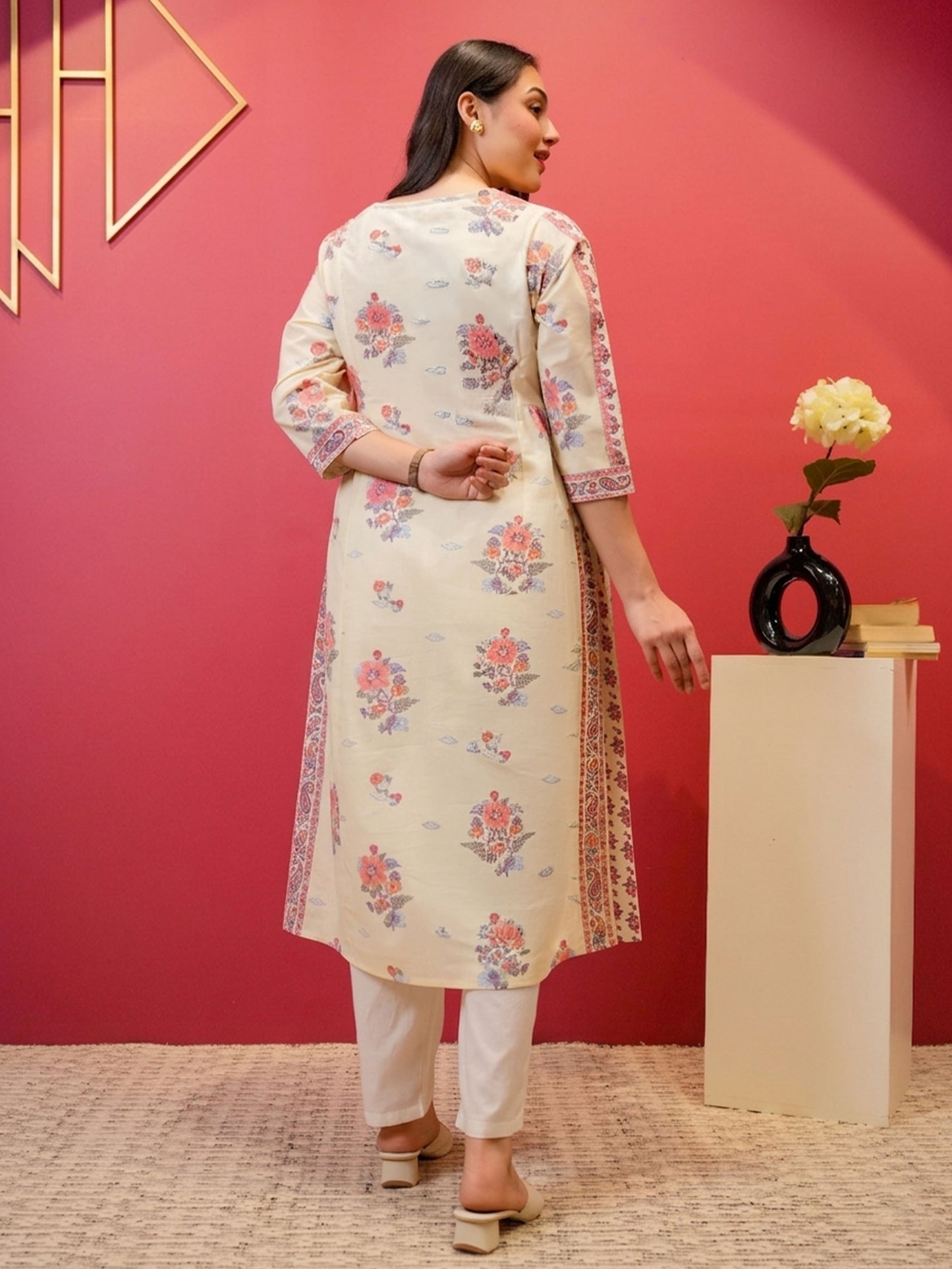 Soft Cotton Floral Flared Off White Kurta