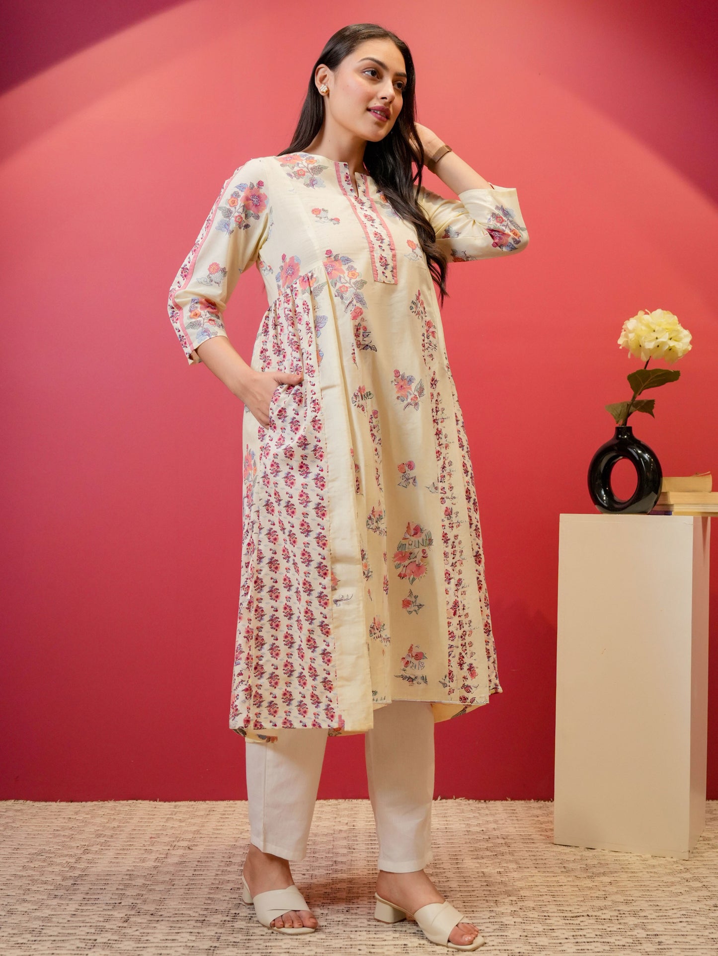 Soft Cotton Floral Flared Off White Kurta