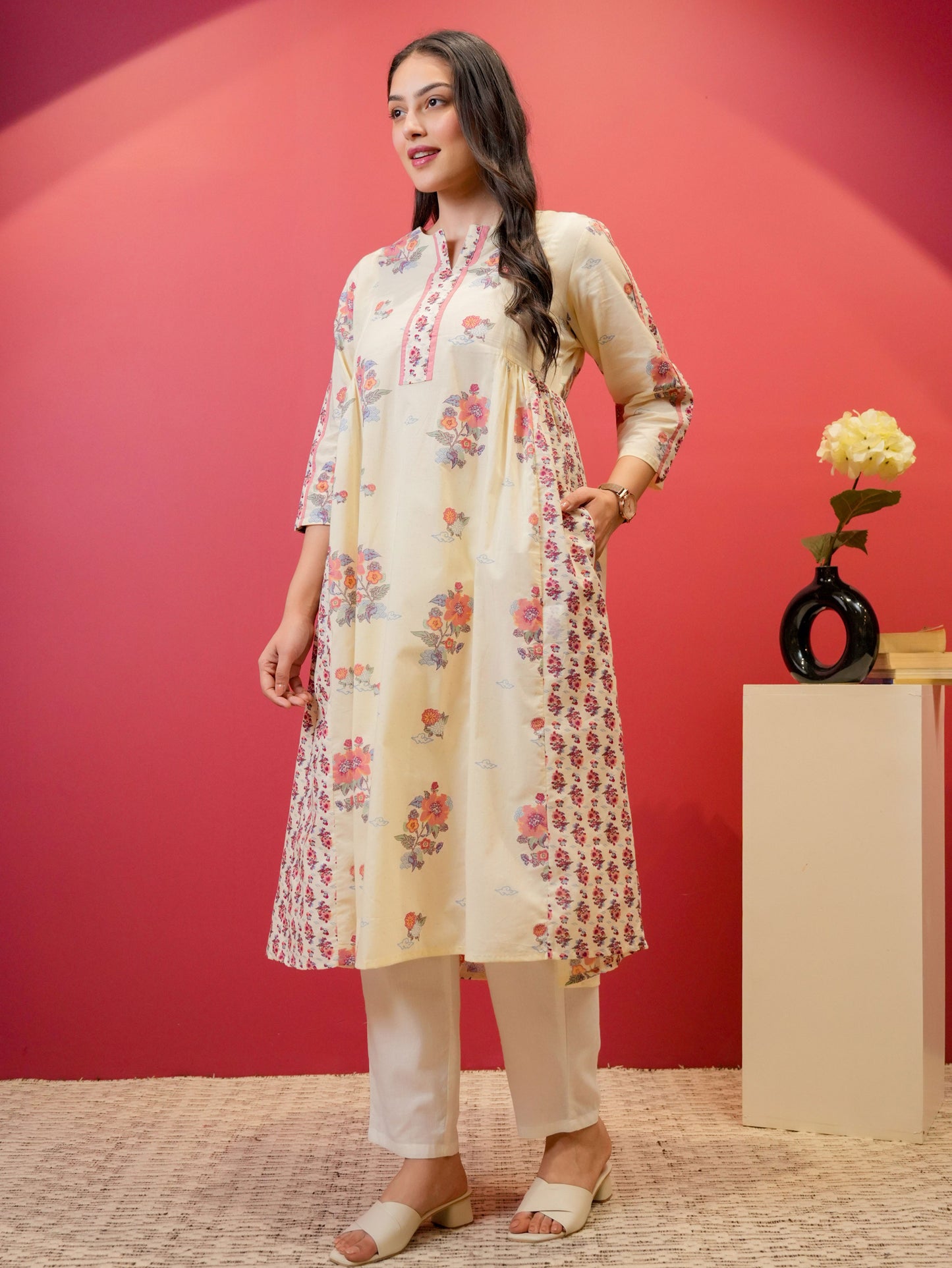 Soft Cotton Floral Flared Off White Kurta