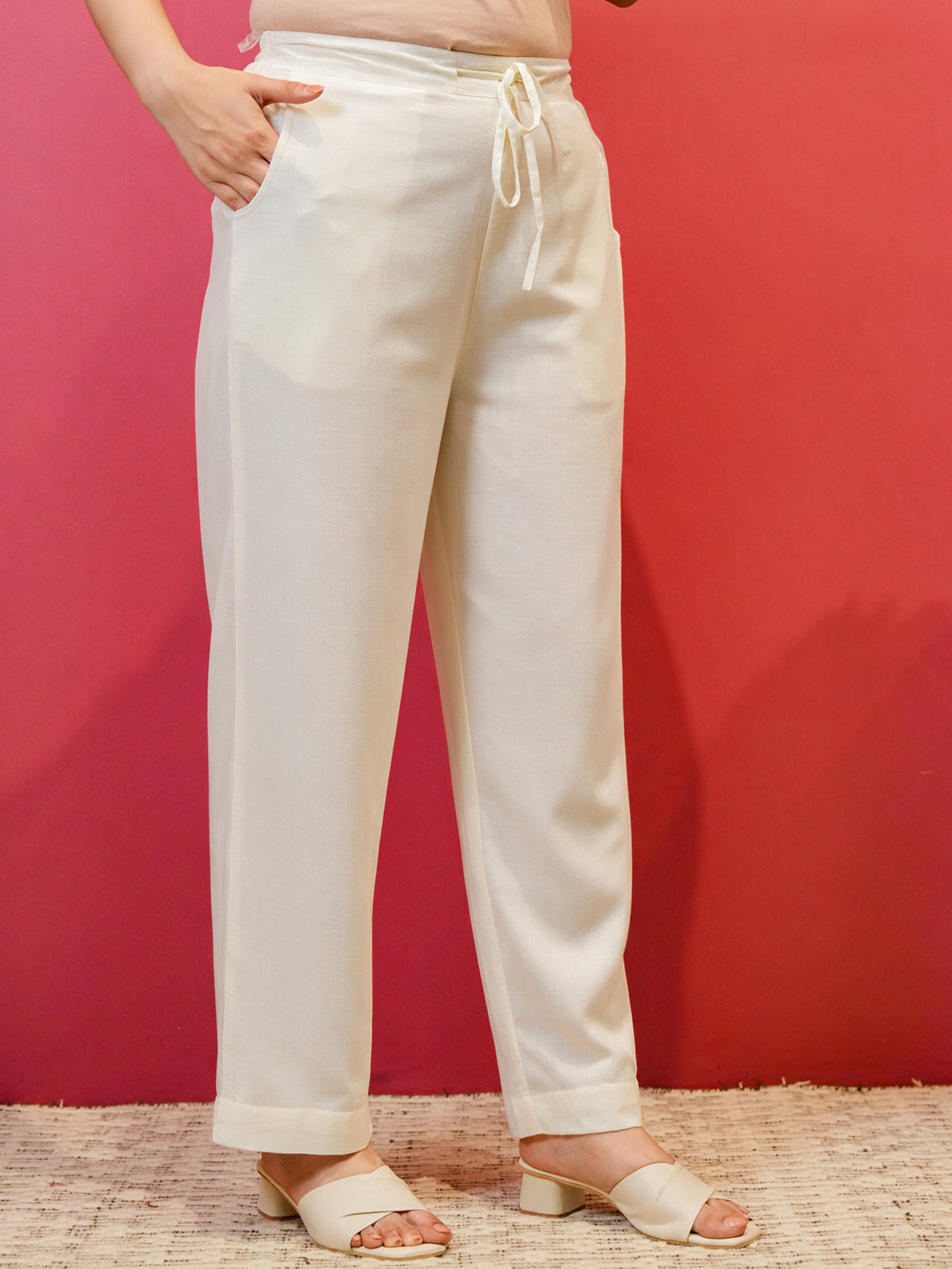 Slub cotton Solid Off White Regular Trousers