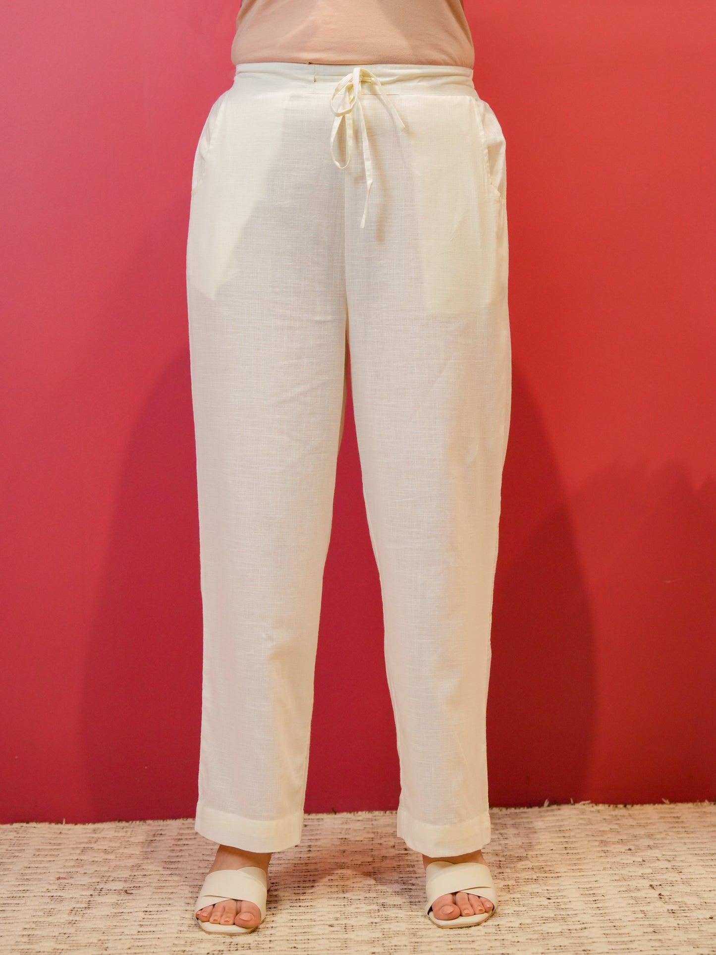 Slub cotton Solid Off White Regular Trousers