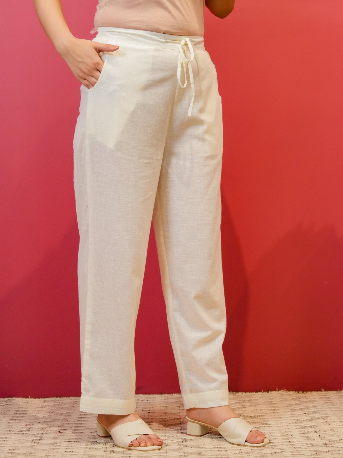 Slub cotton Solid Off White Regular Trousers