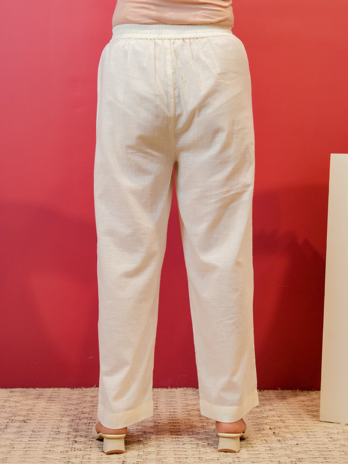 Slub cotton Solid Off White Regular Trousers