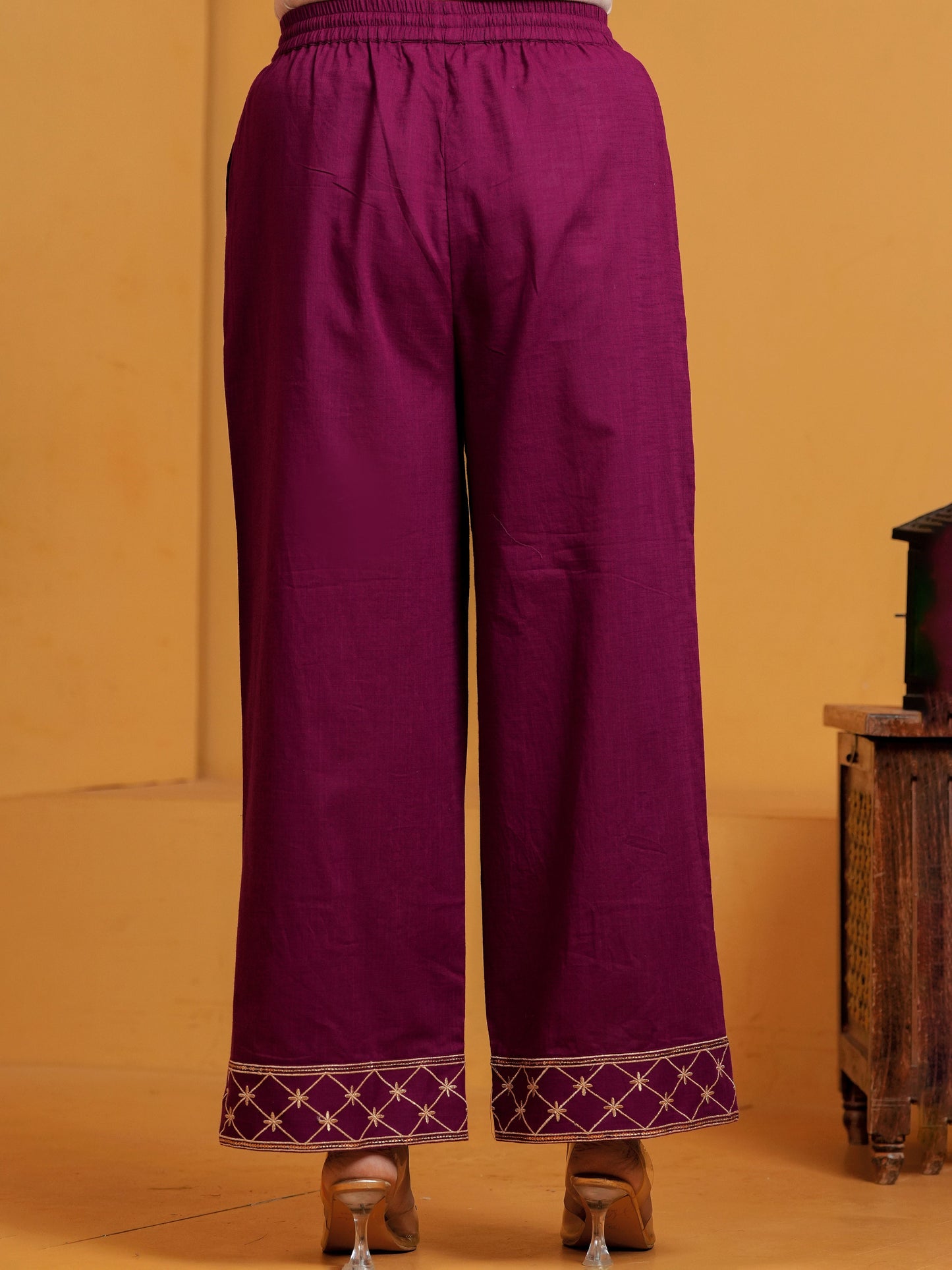 Embroidered Slub cotton Solid Wine Palazzo