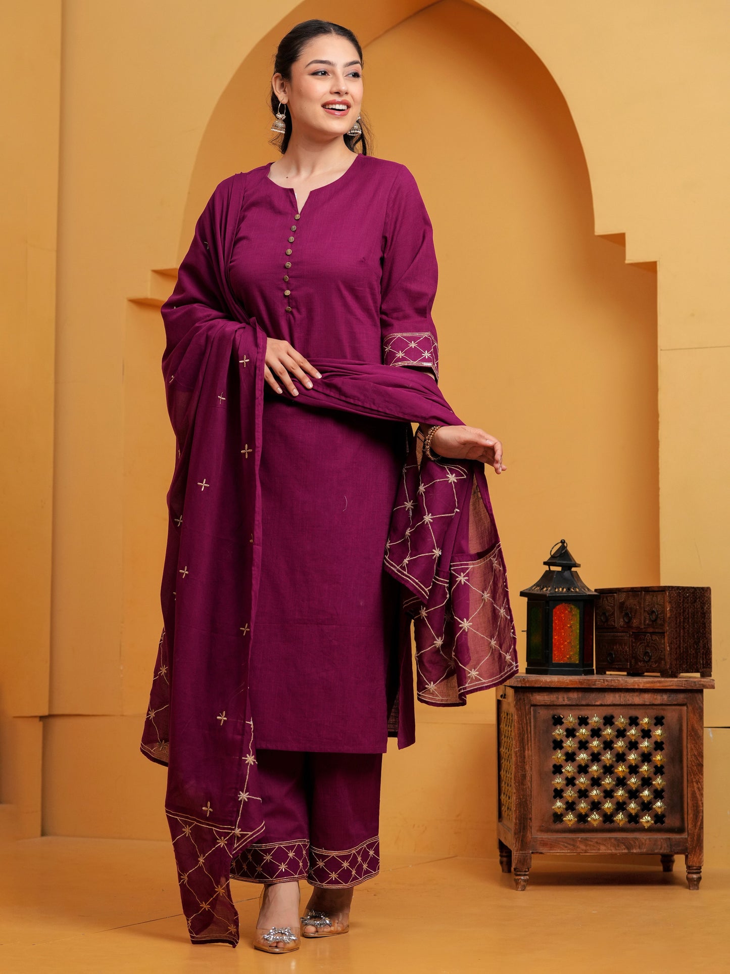 Embroidered Cotton voile Solid Wine Dupatta