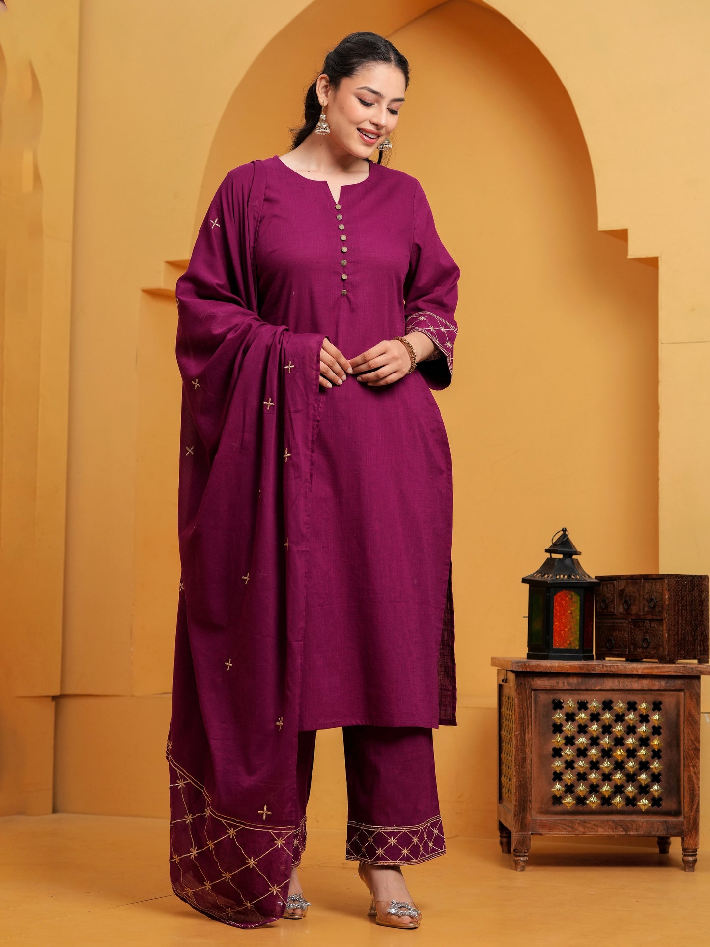 Embroidered Cotton voile Solid Wine Dupatta