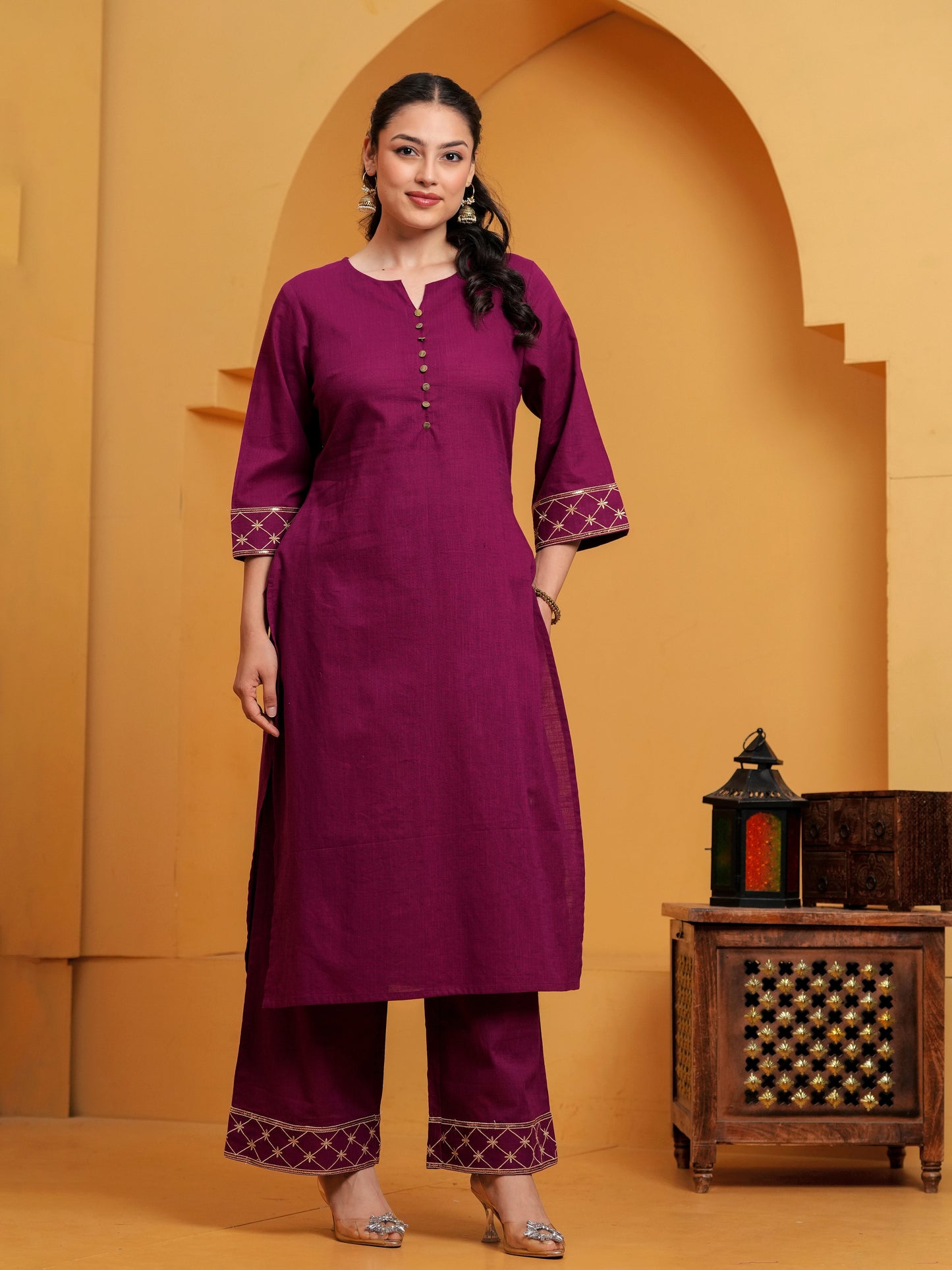 Embroidered Slub cotton Solid Straight Wine Kurta