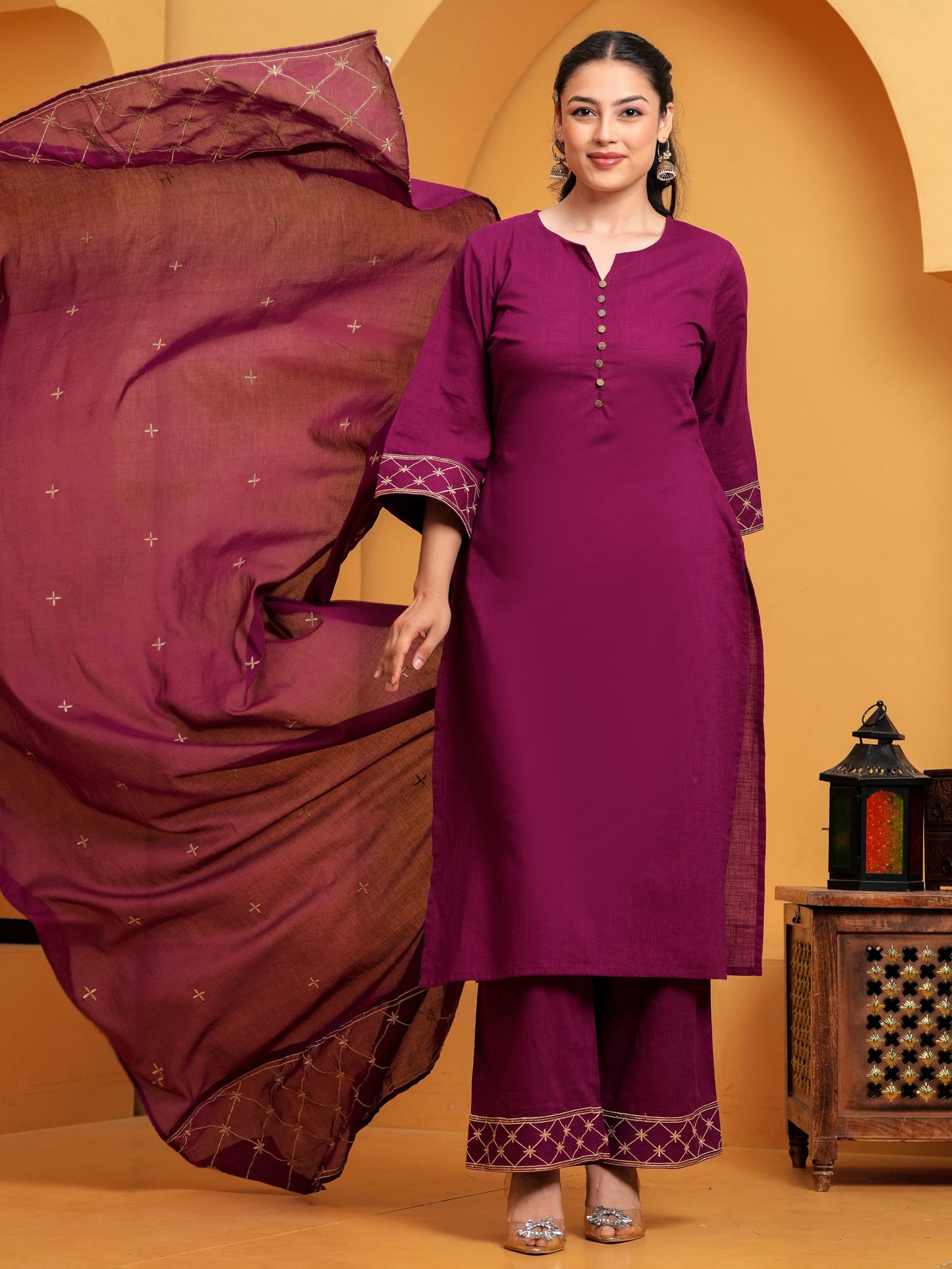 Embroidered Slub cotton Solid Straight Wine Kurta
