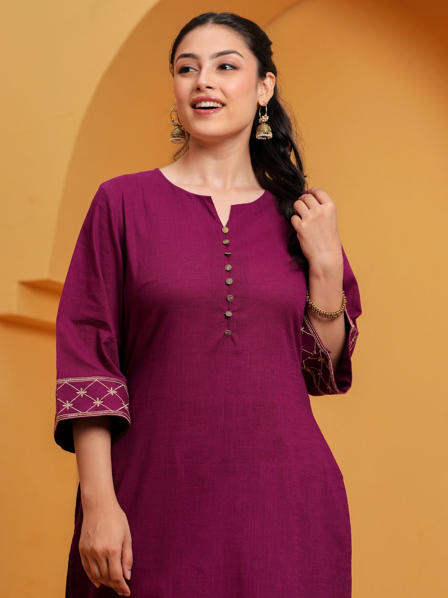 Embroidered Slub cotton Solid Straight Wine Kurta