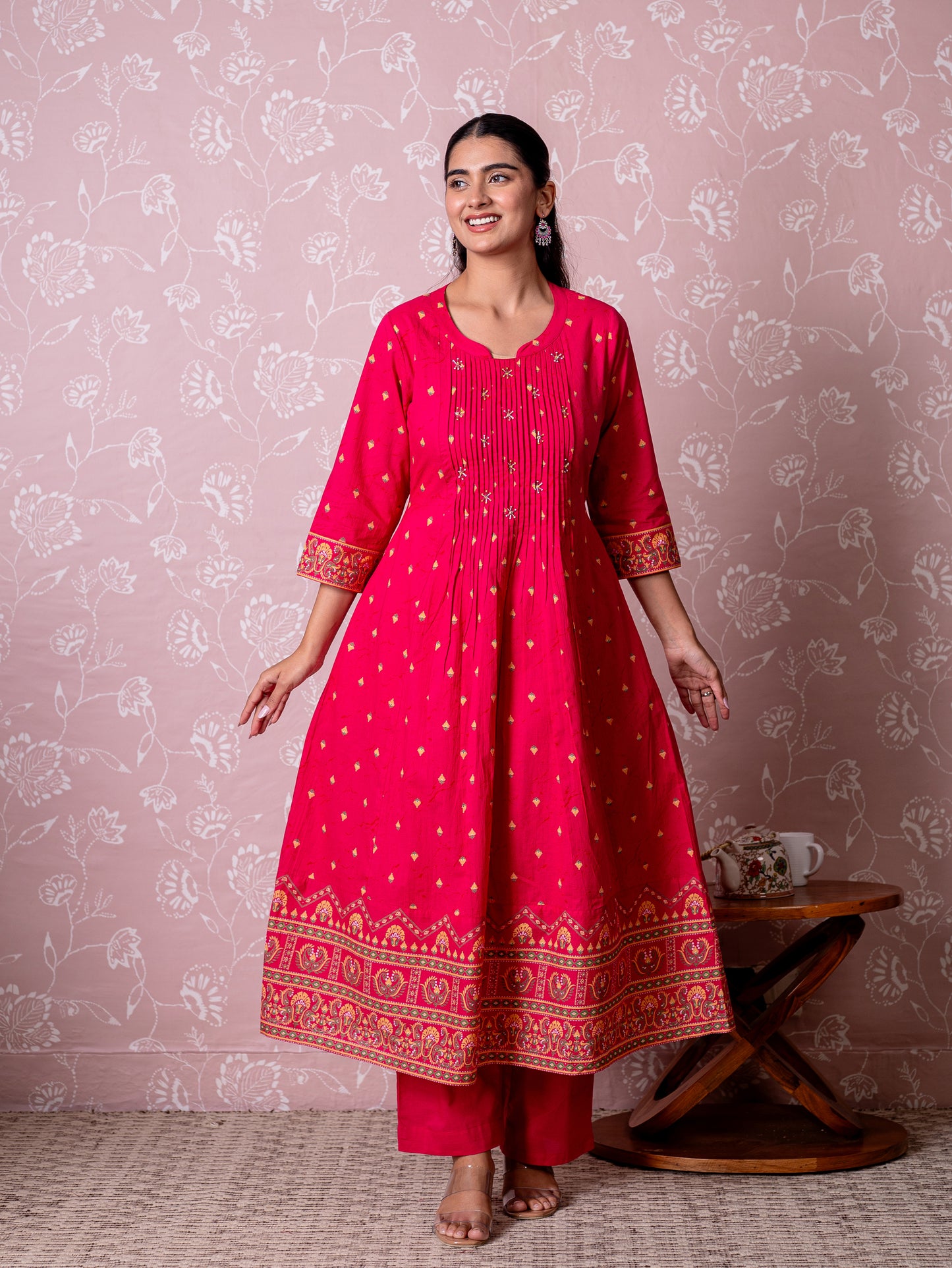 Soft cotton Butti Flared Pink Kurta