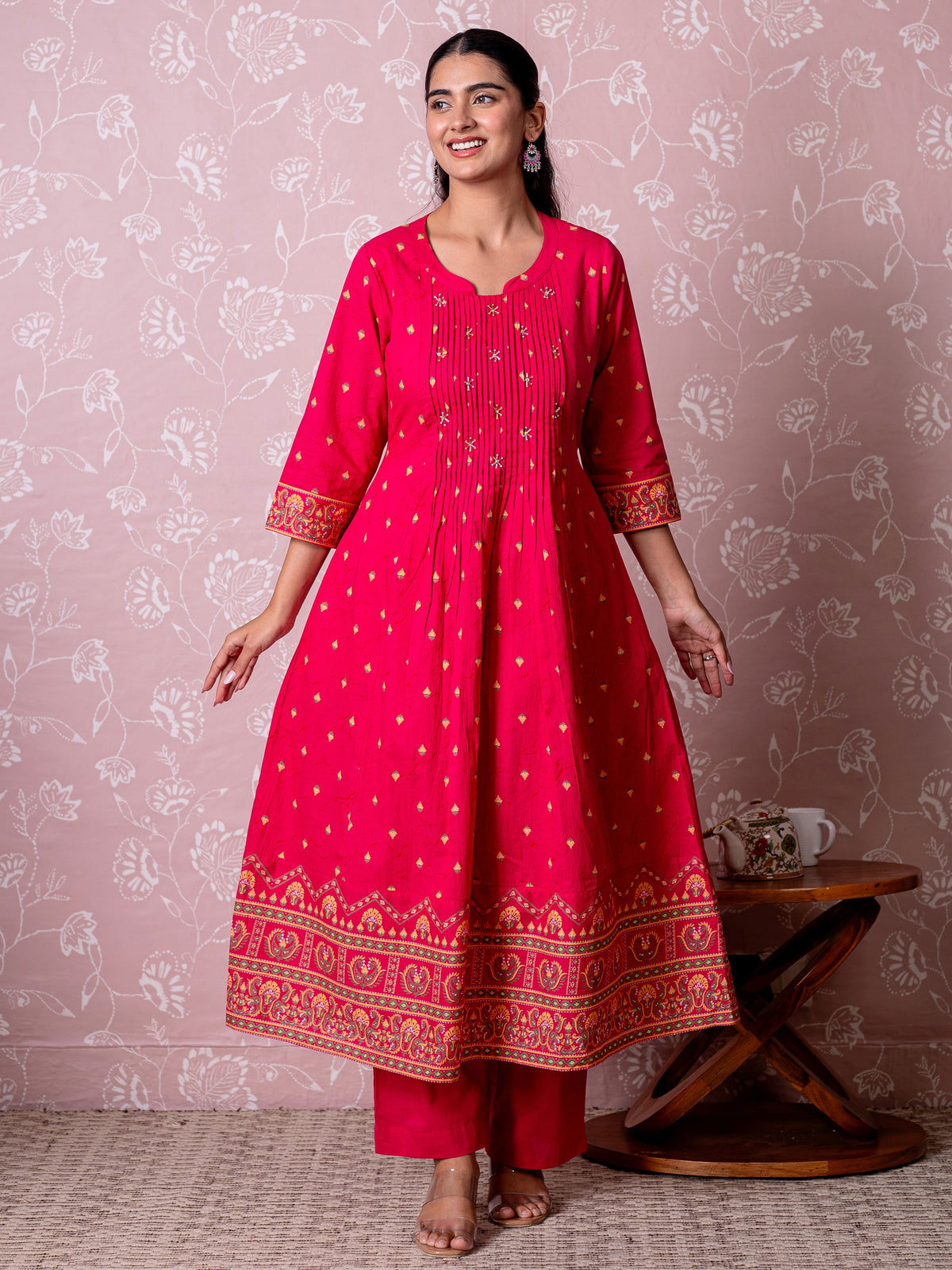 Soft Cotton Butti Flared Pink Kurta