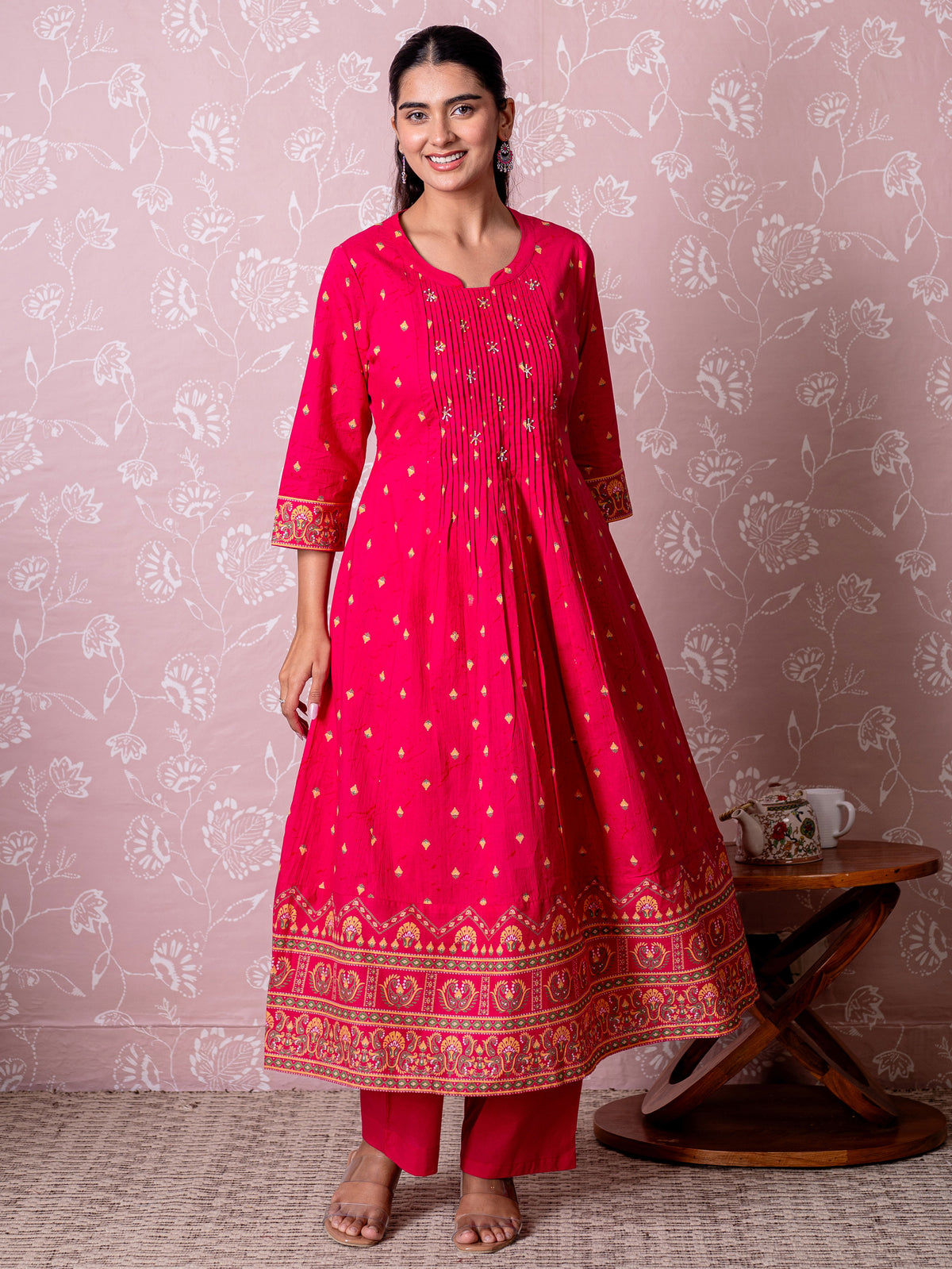 Soft Cotton Butti Flared Pink Kurta