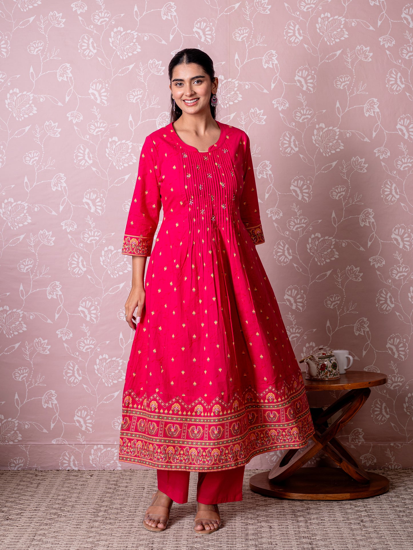 Soft cotton Butti Flared Pink Kurta