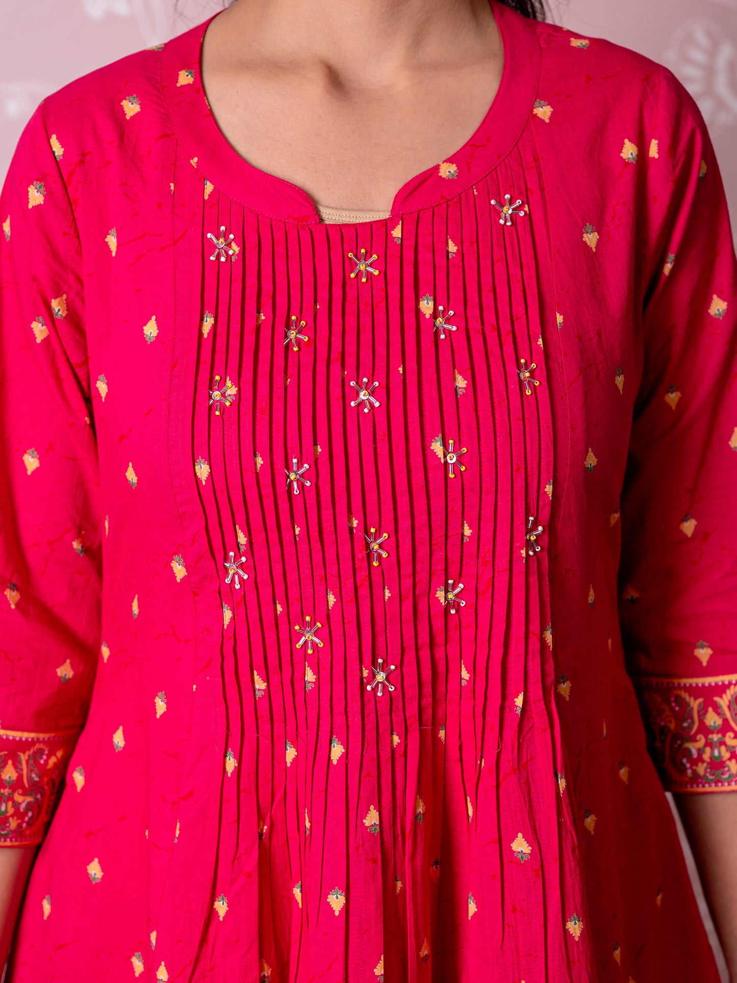 Soft cotton Butti Flared Pink Kurta