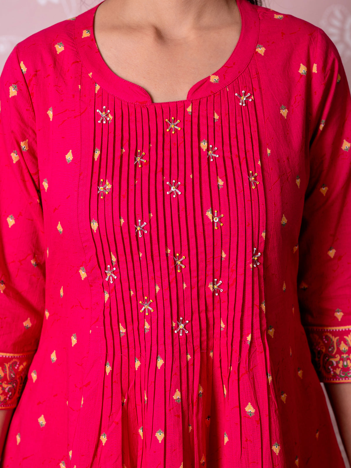 Soft Cotton Butti Flared Pink Kurta