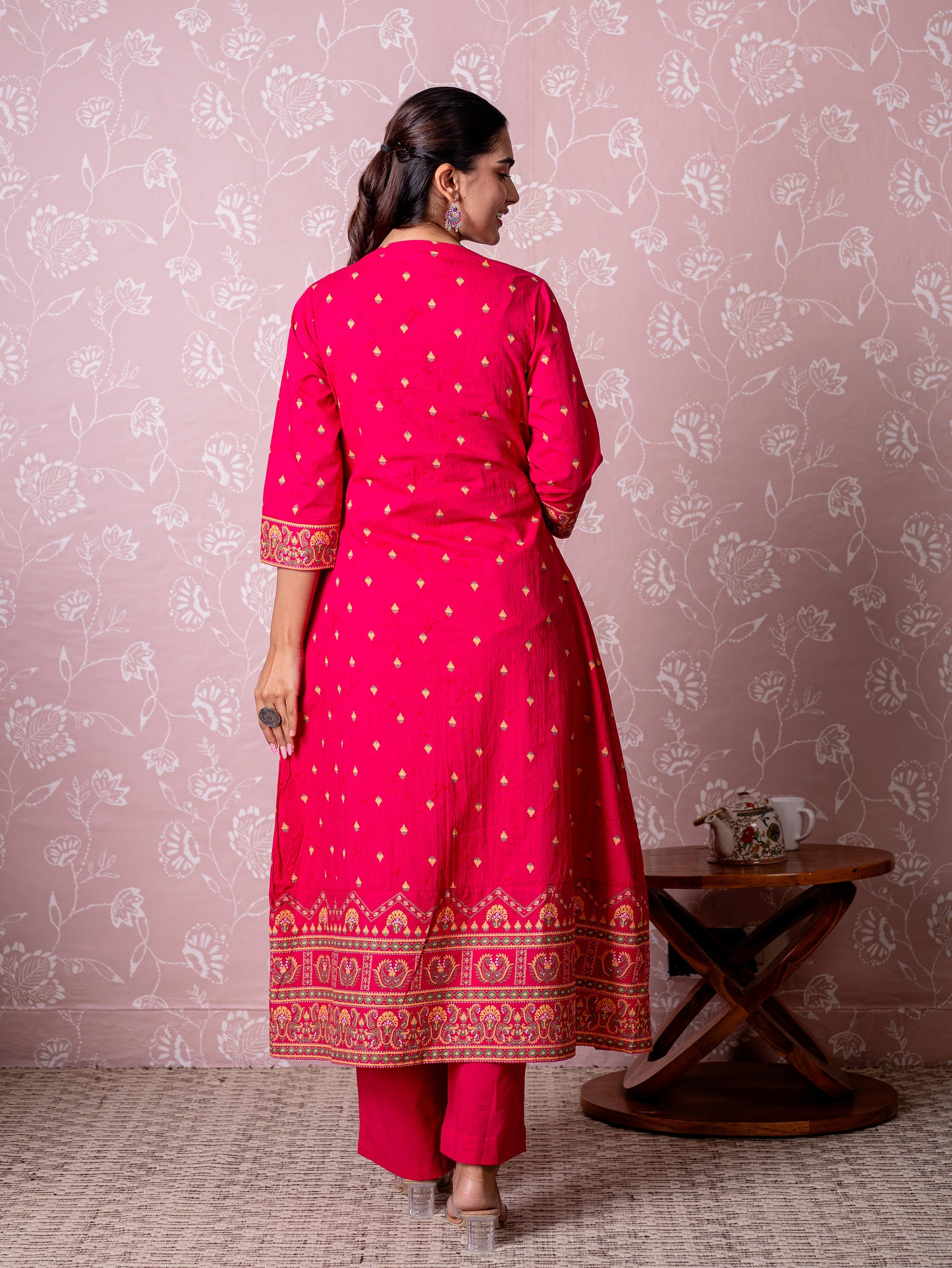 Soft cotton Butti Flared Pink Kurta