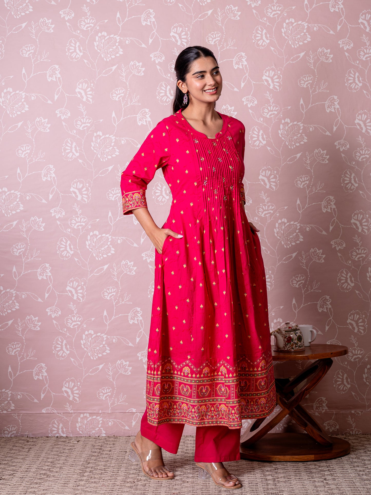 Soft cotton Butti Flared Pink Kurta