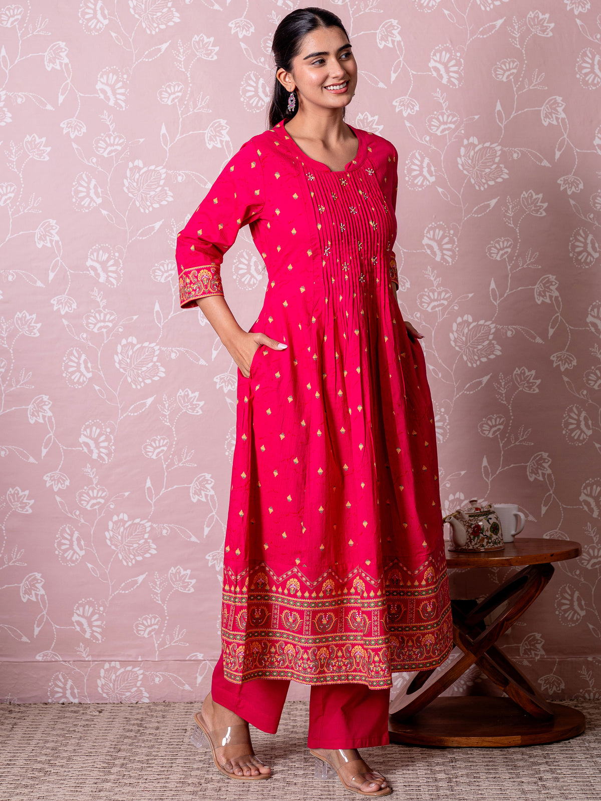 Soft Cotton Butti Flared Pink Kurta