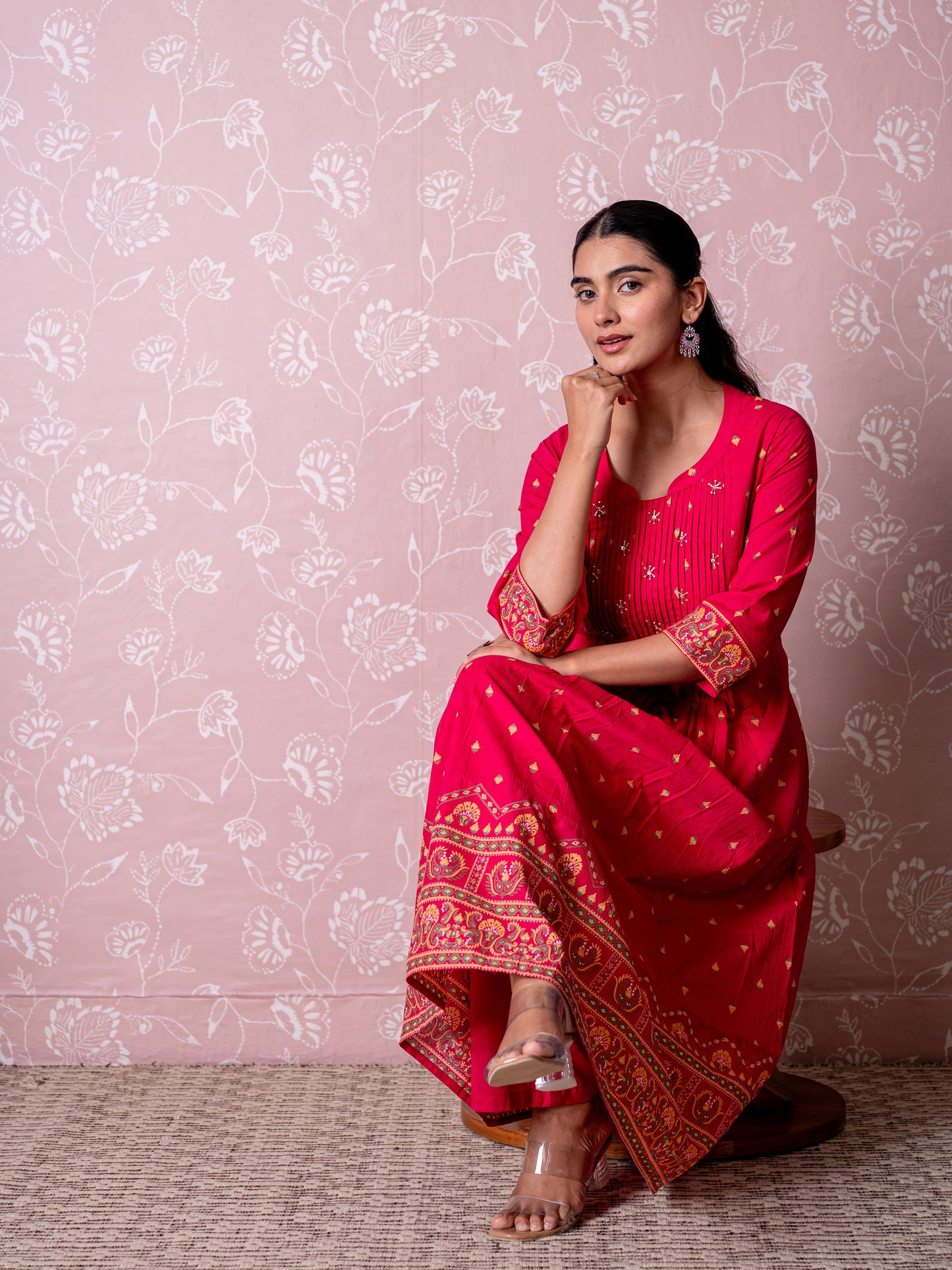 Soft cotton Butti Flared Pink Kurta